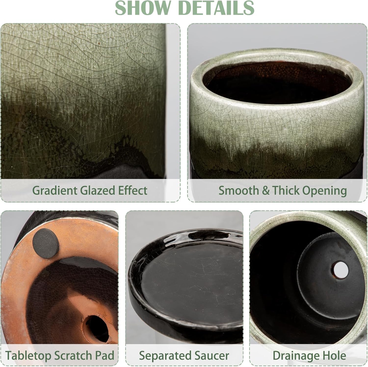 Oairse Ceramic Pot for Plants - 5.5 inch Small Planter with Drainage Hole and Saucers - Gradient Black Outdoor Indoor Flower Pot for Succulent, Cactus, Snake Plant, Herb - Image 2