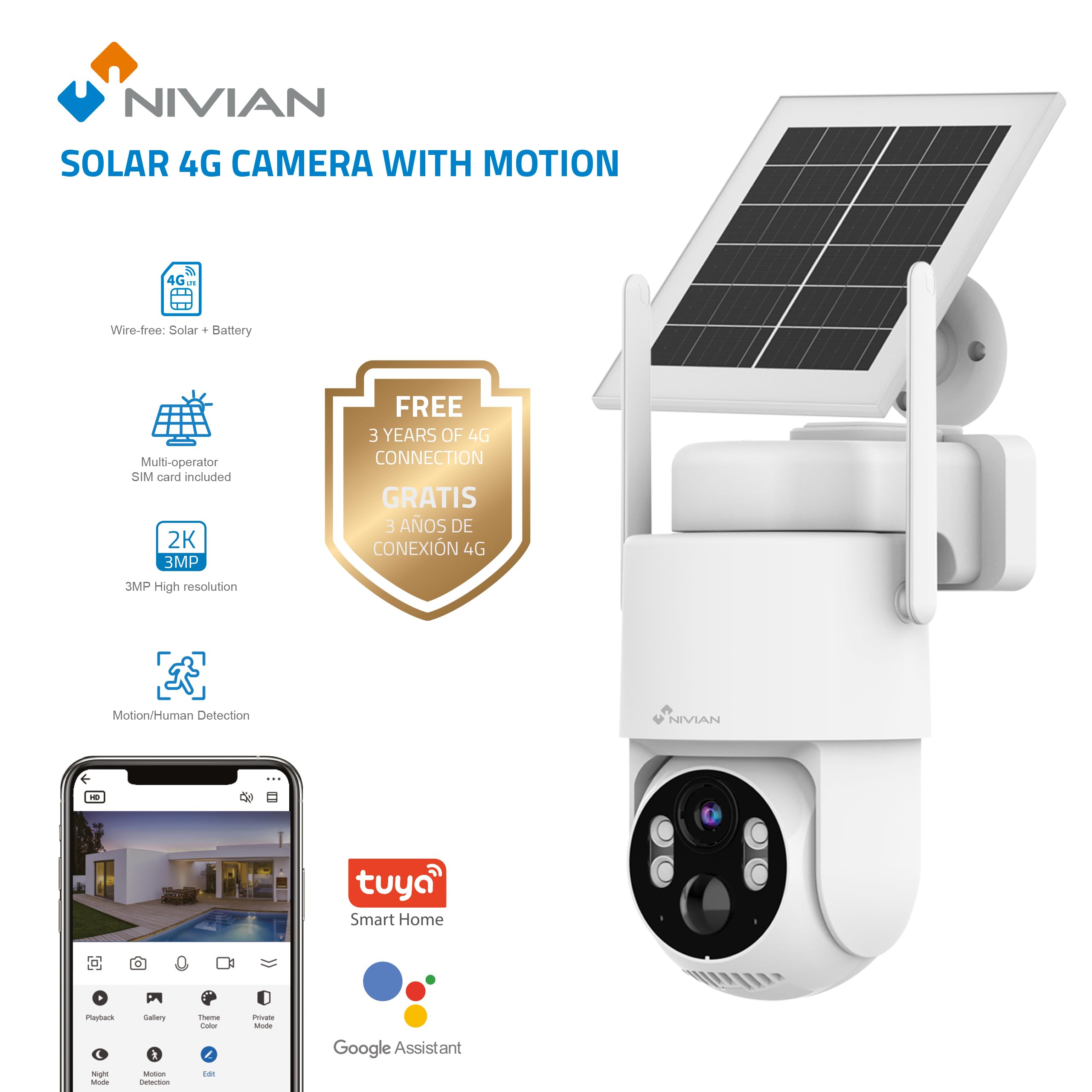 NIVIAN Telecamera di sorveglianza di sicurezza 360° 4G - SIM 3 anni inclusa- Pannello solare 5 W-Batteria lunga durata 7800 mAh-2 K-Rilevamento di movimento e umani-Adatto esterno-Visione notturna