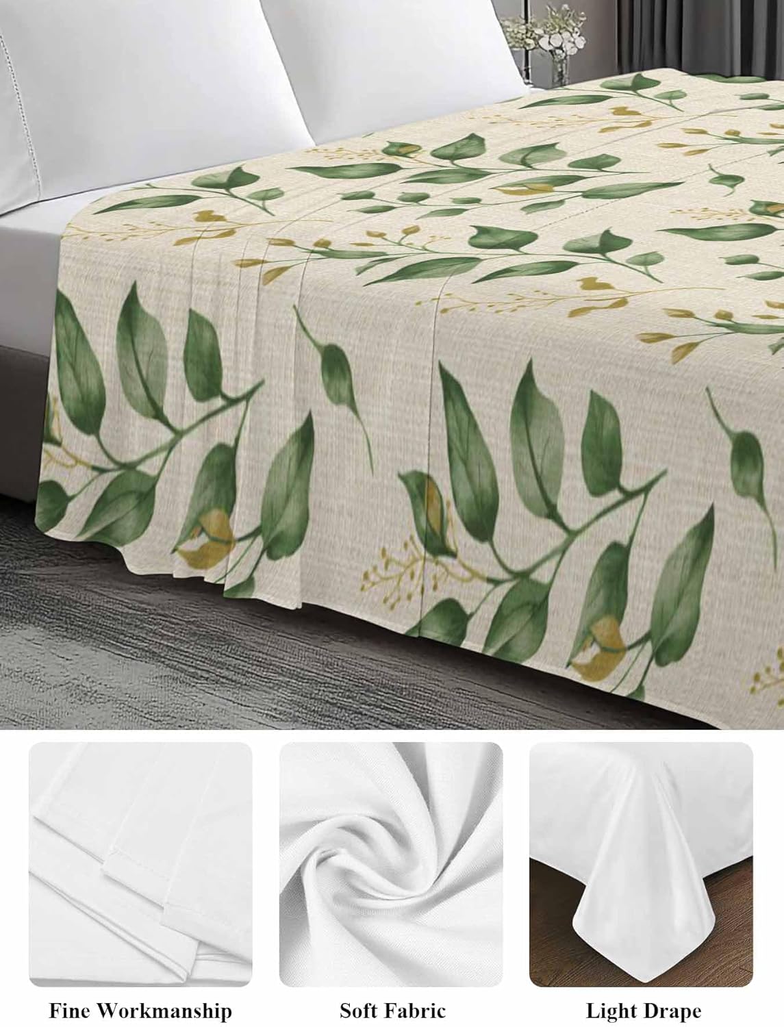 Top Sheet Twin XL Bedding Flat Sheet Only, Green Watercolor Leaves Seamless Microfiber Bed Sheets Soft Breathable Bedding Flat Sheets, Fallen Leaf Retro Linen Hotel Luxury Top Sheets