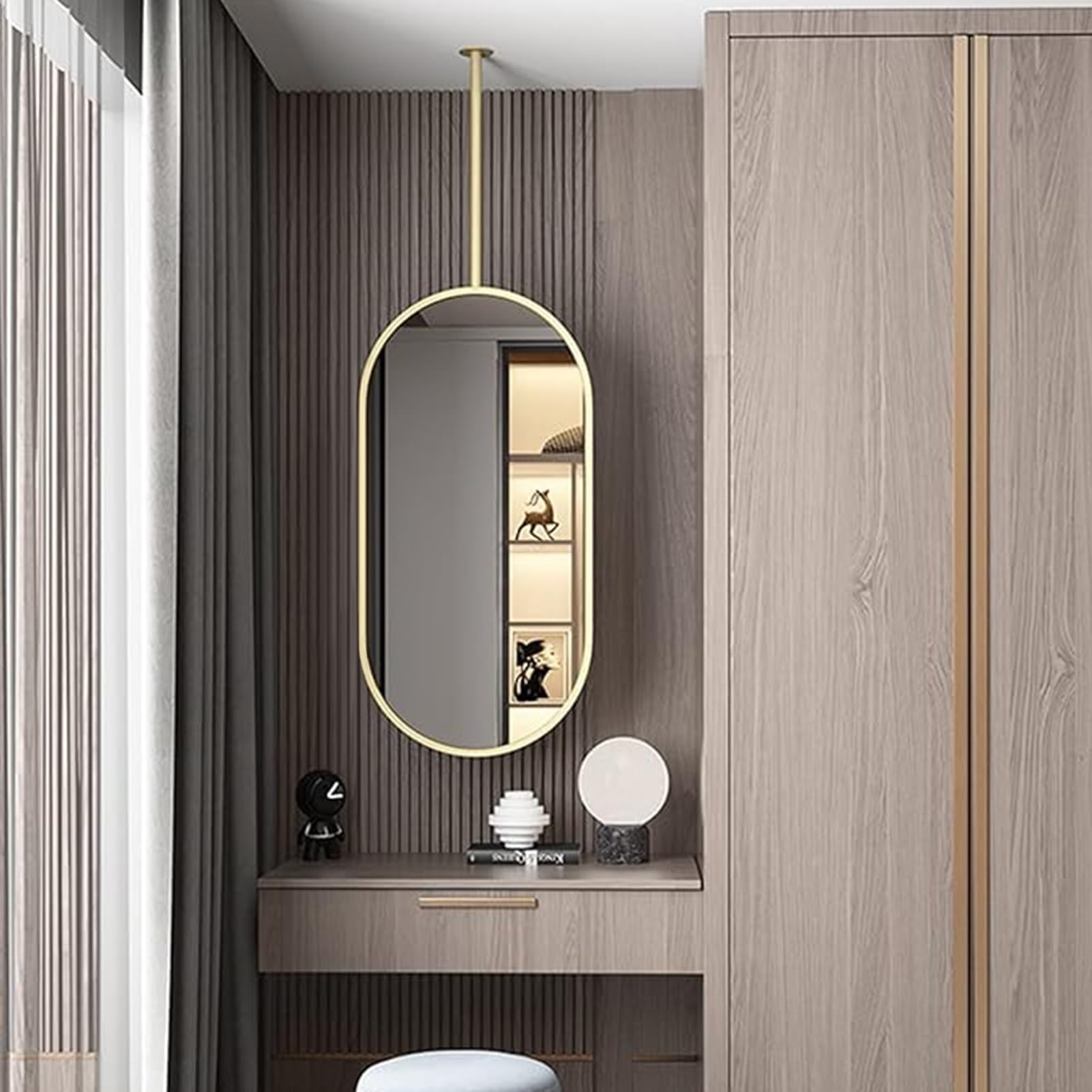 FGXHHS s for Vanity, Ceiling Mounted Mirror with Oval Gold Metal Frame Decorative HD Wall Living Room Bedroom Entryway - Customizable Pole (Size : 50cmx70cm)