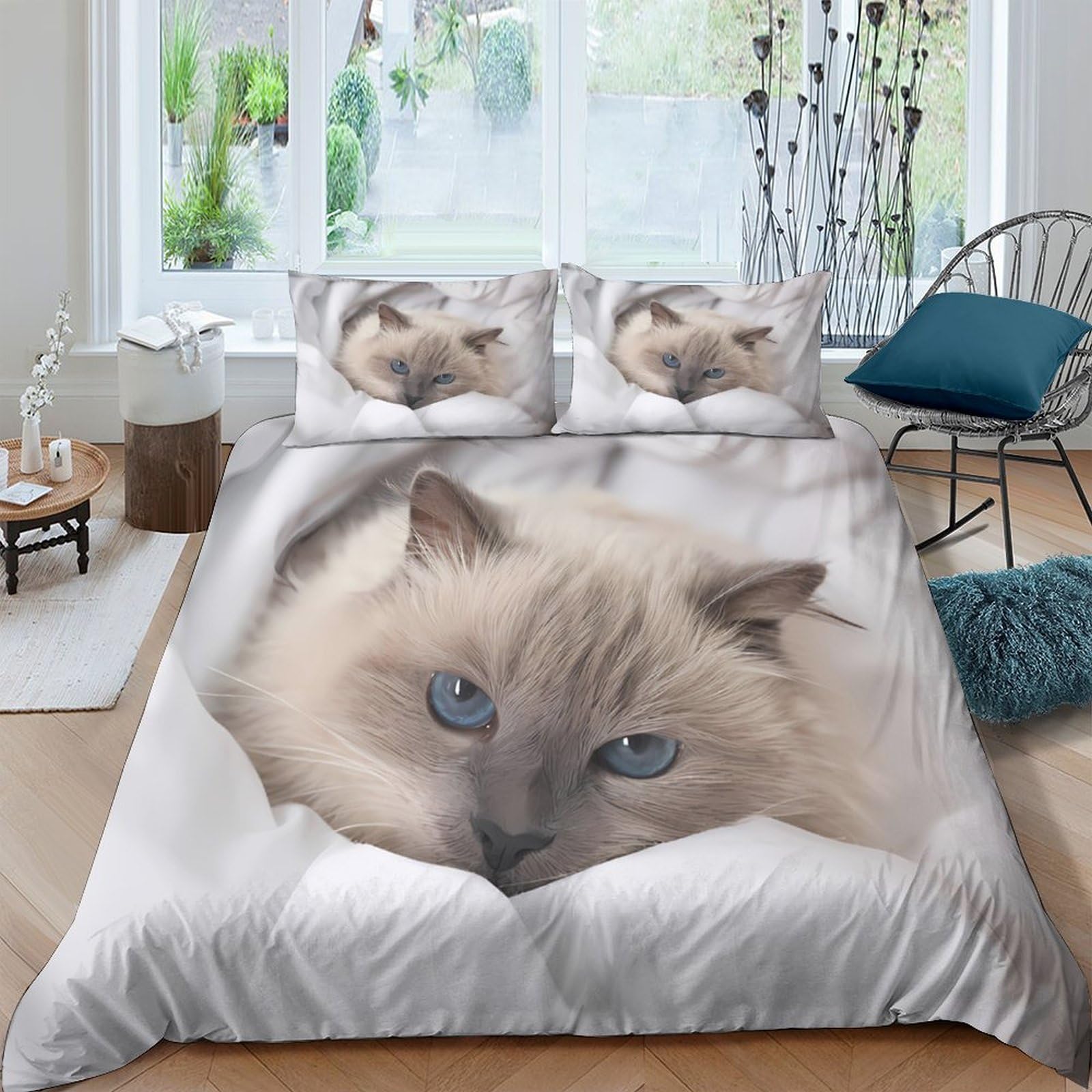 Ctjqhvkz Style-9 3D Printed Blue Eyed Cat Fitted Sheet Microfiber Soft Anti-Slip Animal Portrait Bed Sheet For Bedroom Guest Room Decor Single（135X200cm）