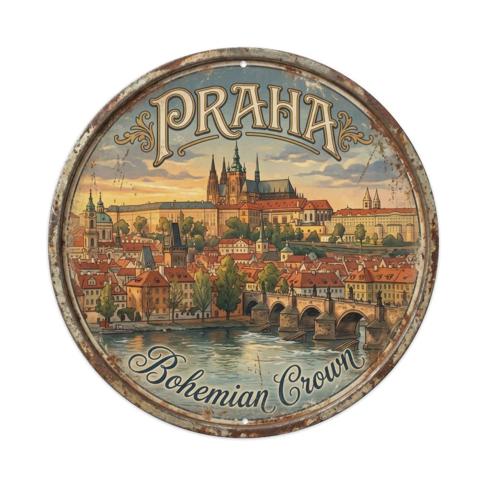 Vintage Travel Prague Bohemian Crown Metal Tin Sign Plaque Wall Decor for Cafe, Club Bar, Office, Home Garden Round Metal Poster 8x8Inch