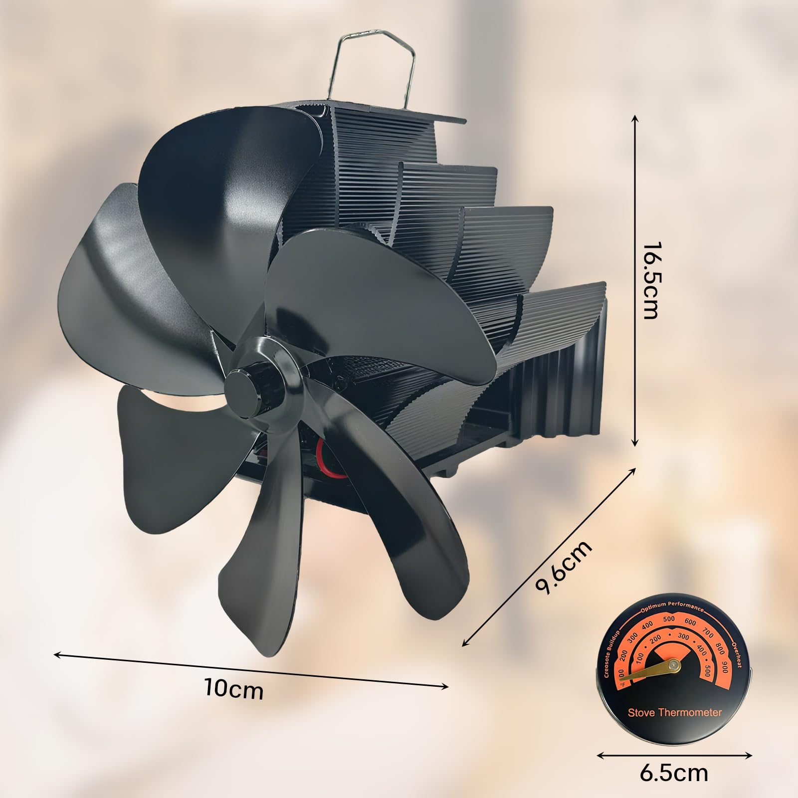 Ventilatore da camino, magnetico, 6 pale, con termometro termico termico, ecologico, per stufa a legna e camino, distribuzione del calore silenzioso
