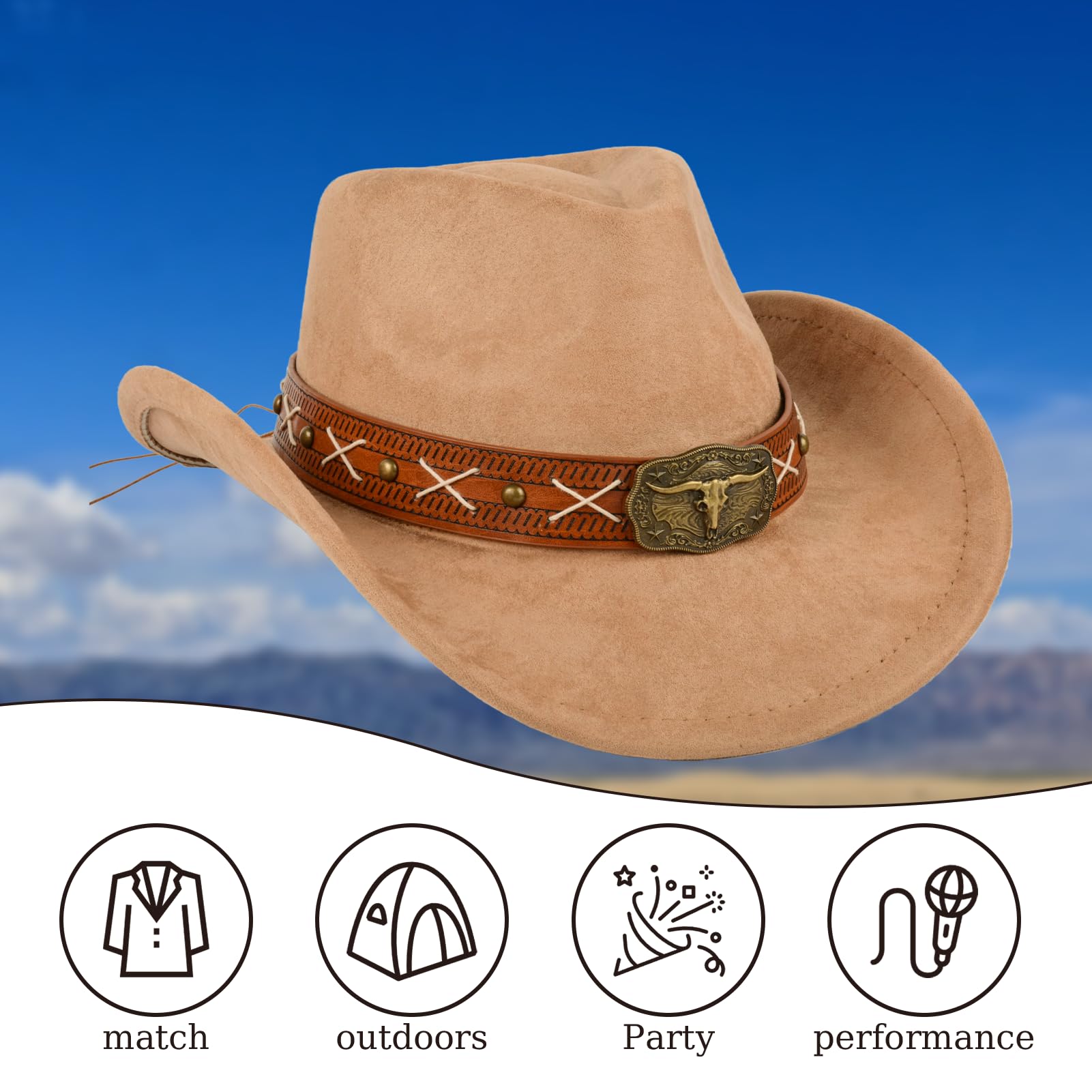 Cappello da cowboy per uomo e donna, con testa in metallo e effetto pelle scamosciata, poliestere traspirante