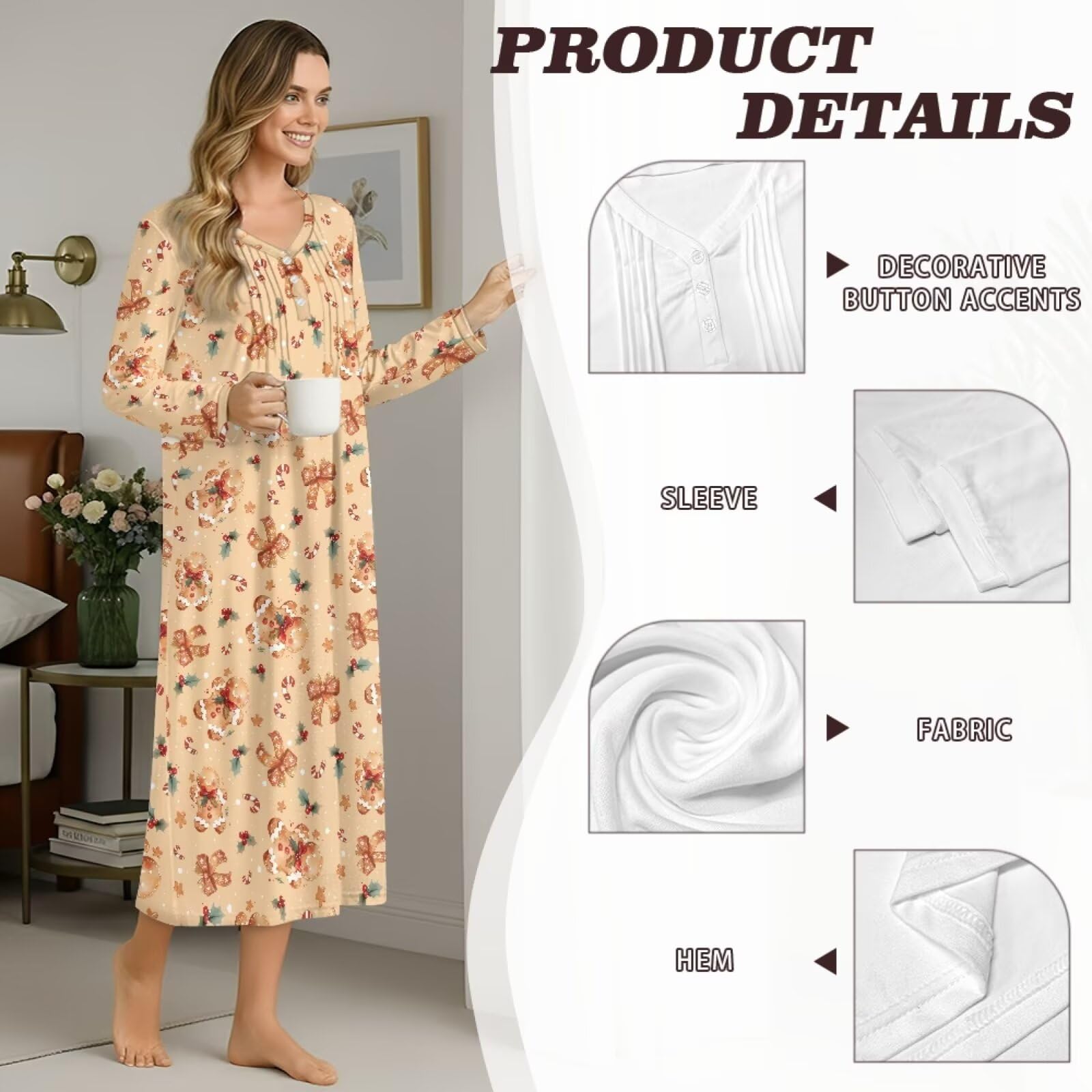 Damskie koszule nocne pełna długość bielizna nocna sukienka Henley Neck koszula nocna miękka odzież domowa do spania, Świąteczny piernikowy człowiek, 4XL