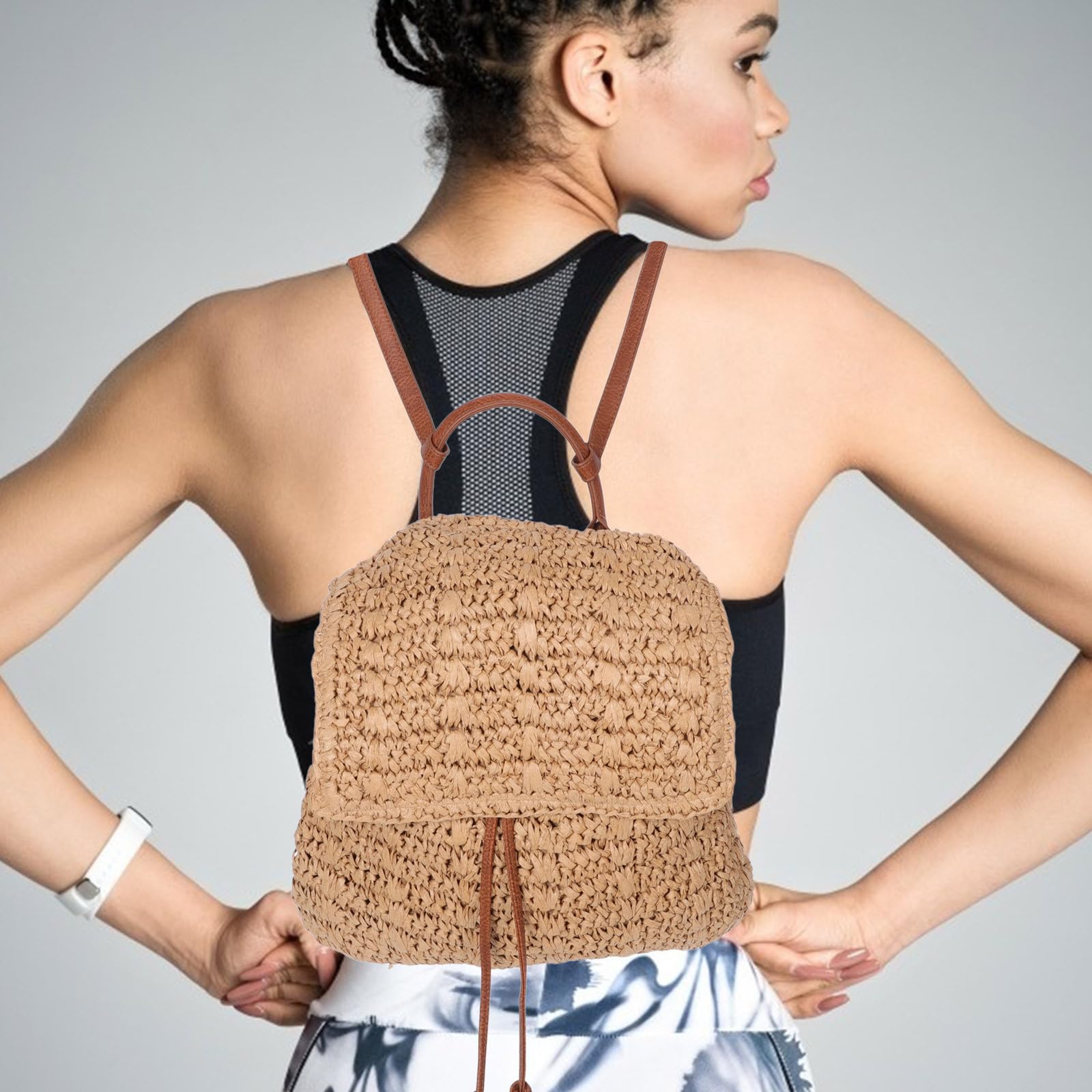 PLAFOPE Mochila Boho para Mujer de Paja Tejida con Gran Capacidad y Cierre de Cordón, Bolso de Playa Elegante para Salidas Casuales en Verano