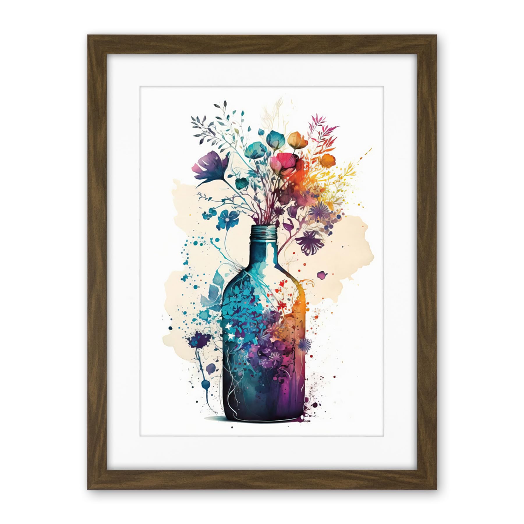 Artery8 Wildflower Spring Bouquet in Glass Wine Bottle Artwork Framed Wall Art Print 18X24 Inch