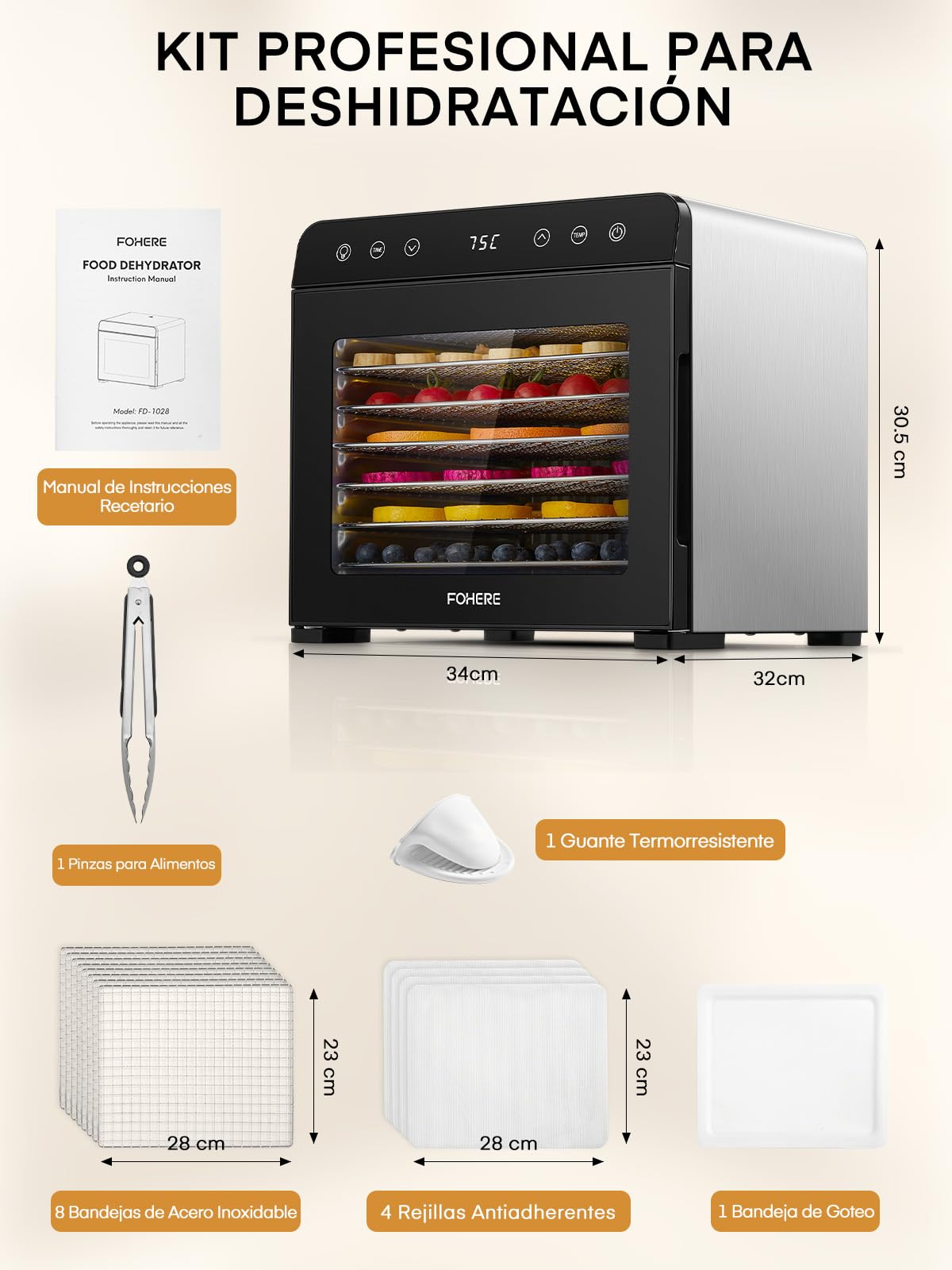FOHERE Deshidratador de Alimentos Profesional 8 Bandejas Acero Inox., Silencioso <40dB Uso Nocturno, Control Temp. 35-75°C Temp. 48h, Frutas Verduras Cecina Setas Hierbas Snacks Bebé Sin BPA