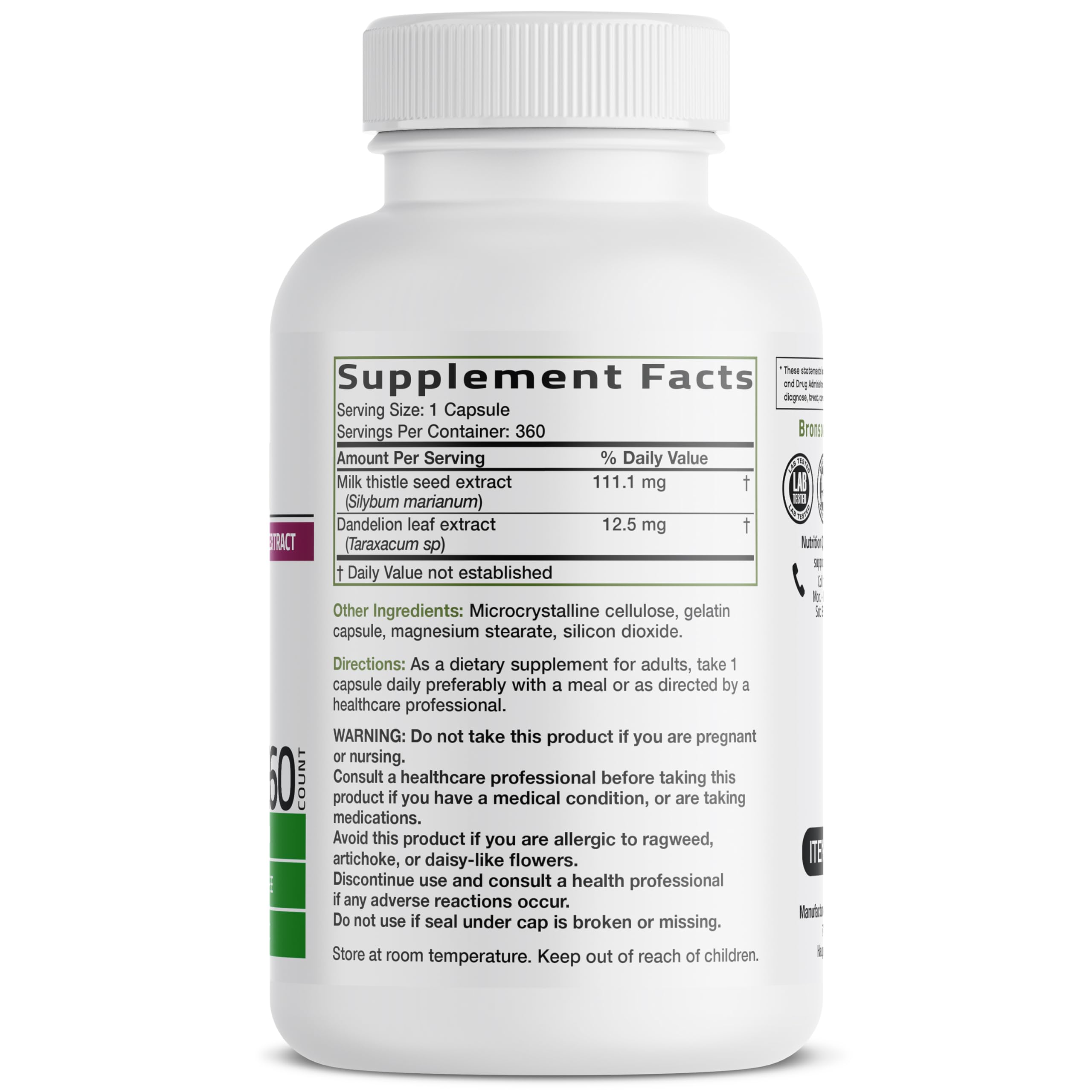 Bronson Milk Thistle Silymarin Marianum & Dandelion Extract Liver Health Support, Antioxidant Support, Detox, 360 Capsules