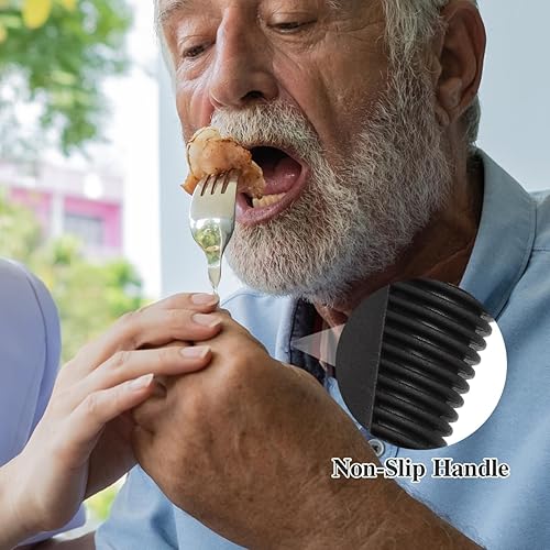 Miniatura 4 de OUNONA Juego de utensilios adaptativos de 3 piezas, vajilla de acero inoxidable con peso con asas antideslizantes para ancianos S y discapacitados,