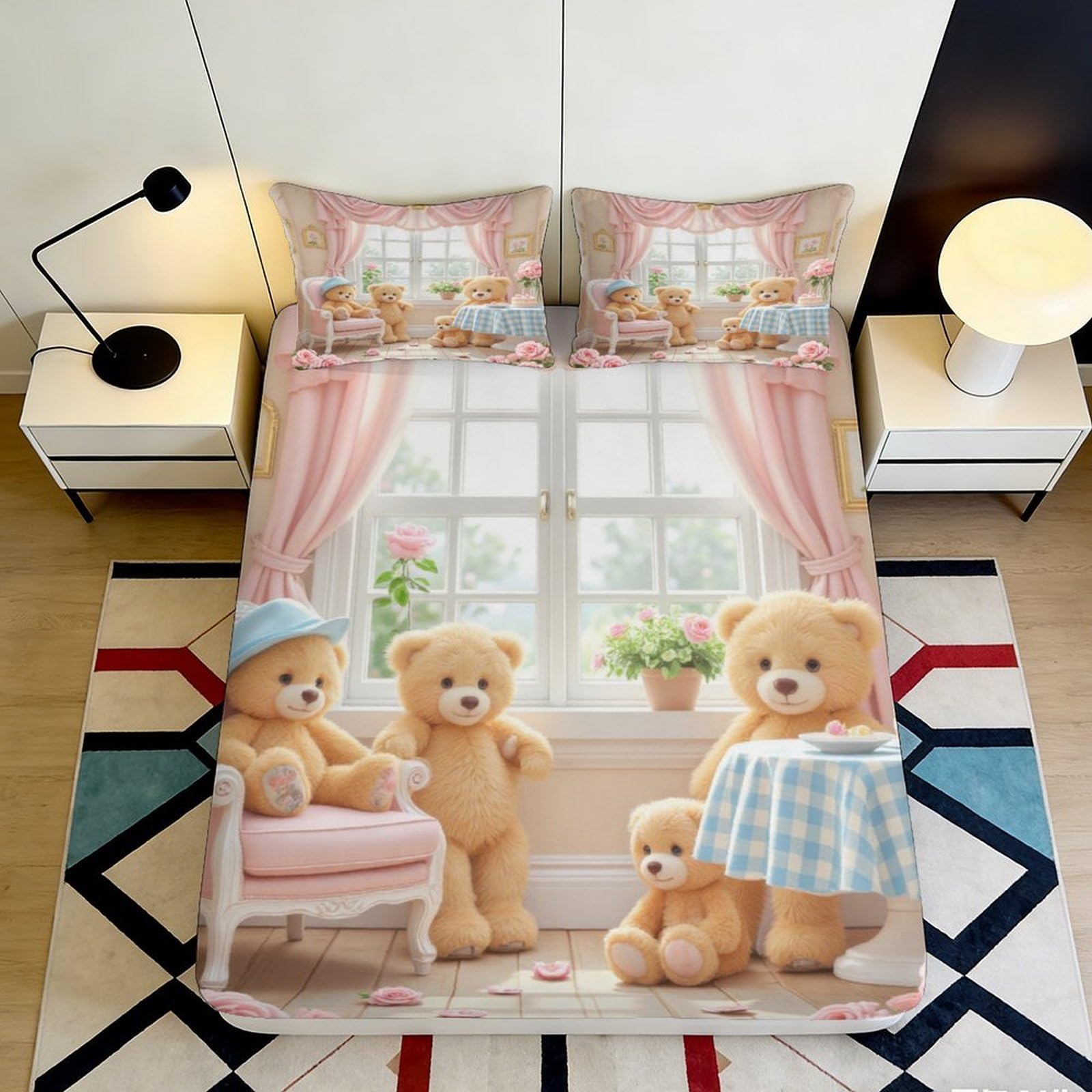 Jqzkxnhpbr Style-6 3D Printed Teddy Bear Fitted Sheet Microfiber Soft Anti-Slip Cute Bedroom Decor Pastel Window Mattress Cover 90X200x25cm