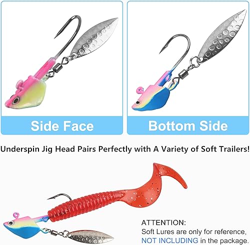 Miniatura 10 de Cabezas de plantilla de pesca Underspin Jig Head Hooks con hoja giratoria Underspin Swimbait ganchos debajo de Spinner jig Heads para lubina, trucha