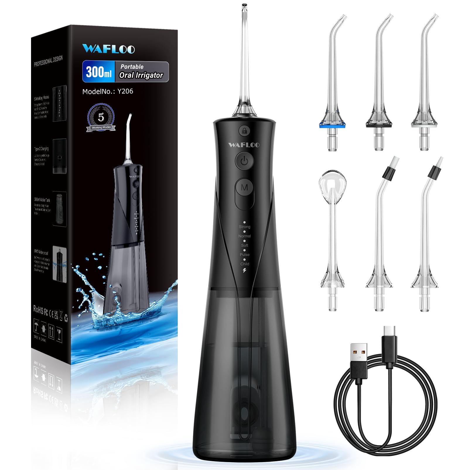 Water Flossers for Teeth - 5 Modes, 6 Flossing Tips, Rechargeable Cordless Portable 300ML Larger Tank Electric Waterflosser Cleaner IPX7 Waterproof Floss Cleaning Teeth Pick for Home Travel