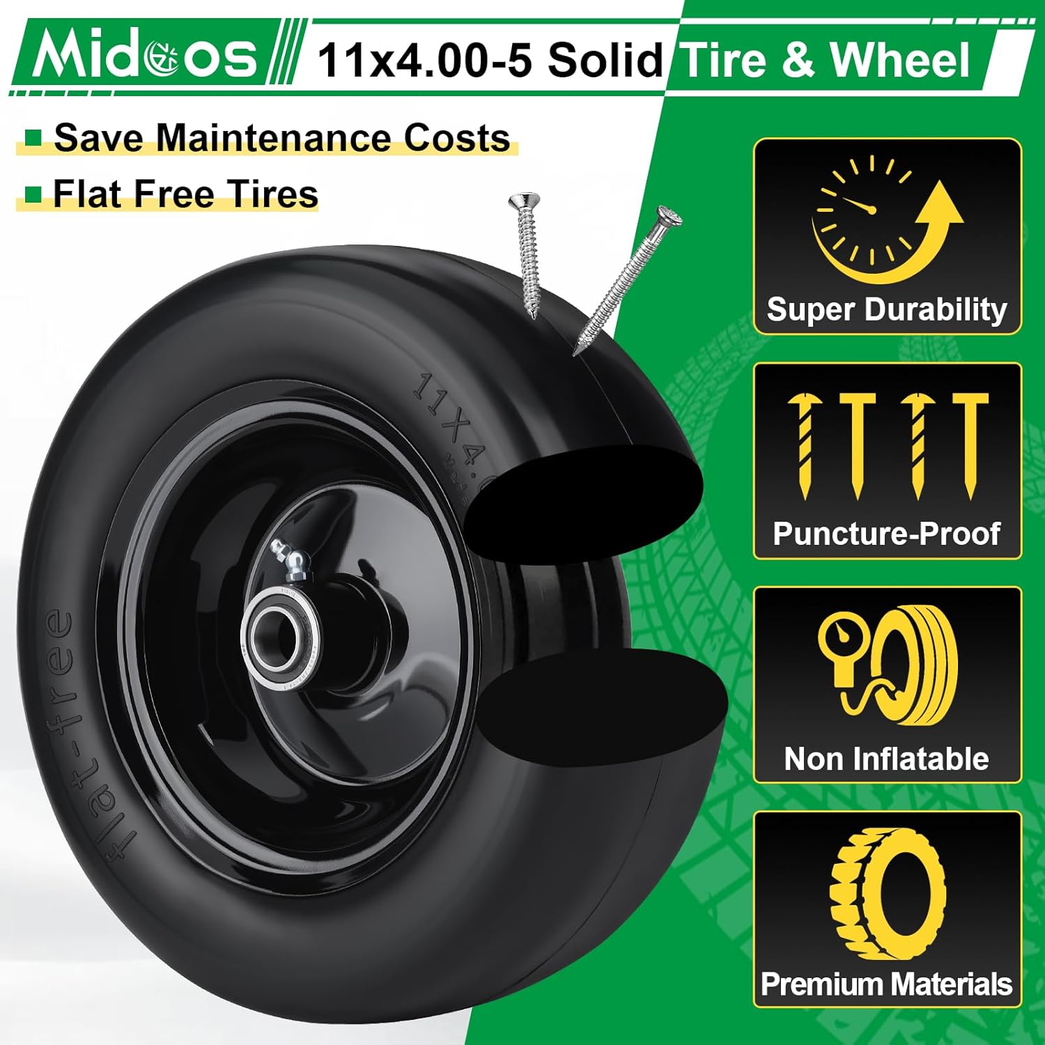 2Pcs 11x4.00-5 Lawn Mower Tires Flat Free, Upgraded 11x4-5 Zero Turn Mowers Front Tires With 3/4" 5/8" 1/2" Ball Bearings, 3.4"-5.6" Centered Hub, Smooth Solid Mower Wheel For Residential & Commercial