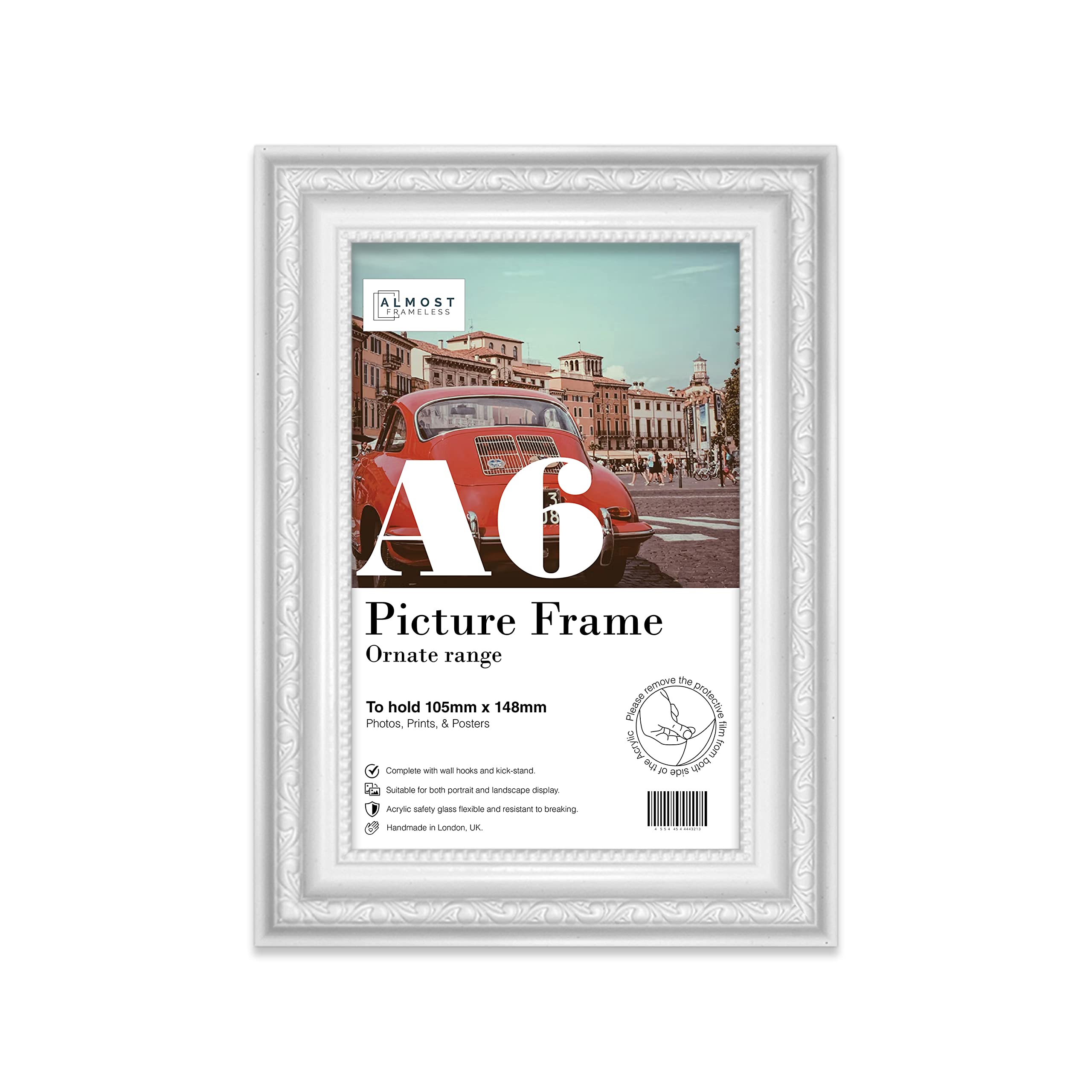 Almost Frameless A6 White Ornate Picture Frame 4.1"x5.8"(10.5x14.8cm) Poster, Photo, Artwork, or Print. Baroque Style Portrait and Landscape Display with Wall Hooks