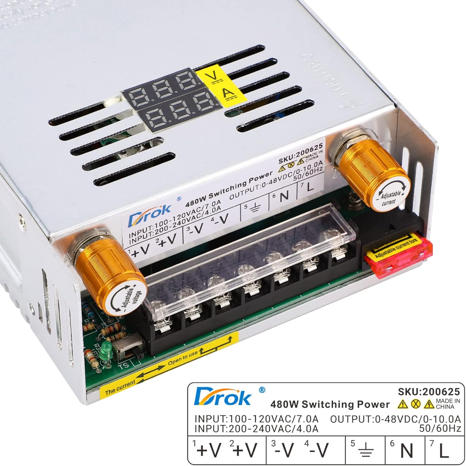 DROK 48V Power Supply, AC 110V/220V to DC 0-48V 0-10A 480W Buck Converter, Volt Amp Adjustable Adapter Regulated 5V 12V 24V 30V 36V 48V Volt Switching Voltage LED Transformer Charger for Computer