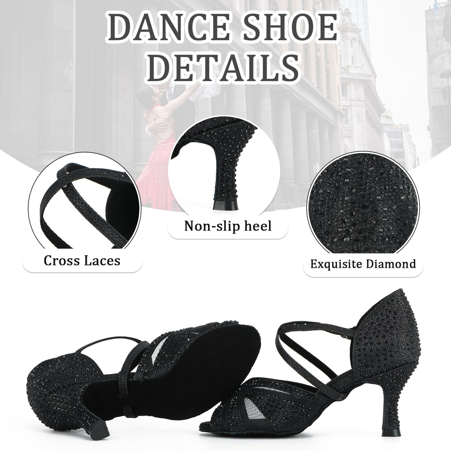 Zapatos de Baile Latino para Mujer Salsa Tango Bachata Vals con Pedrería Zapatos de Baile de Salón Suela Blanda 1050