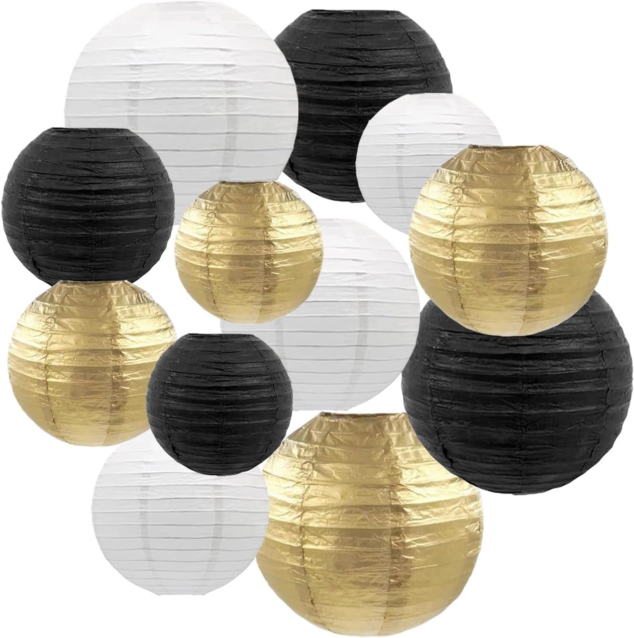 CC wonderland zone 12pcs Black Gold White Hanging Paper Lanterns,Round Paper Lanterns for Birthday,New Year,Wedding,Party,Home Ceiling Decoration