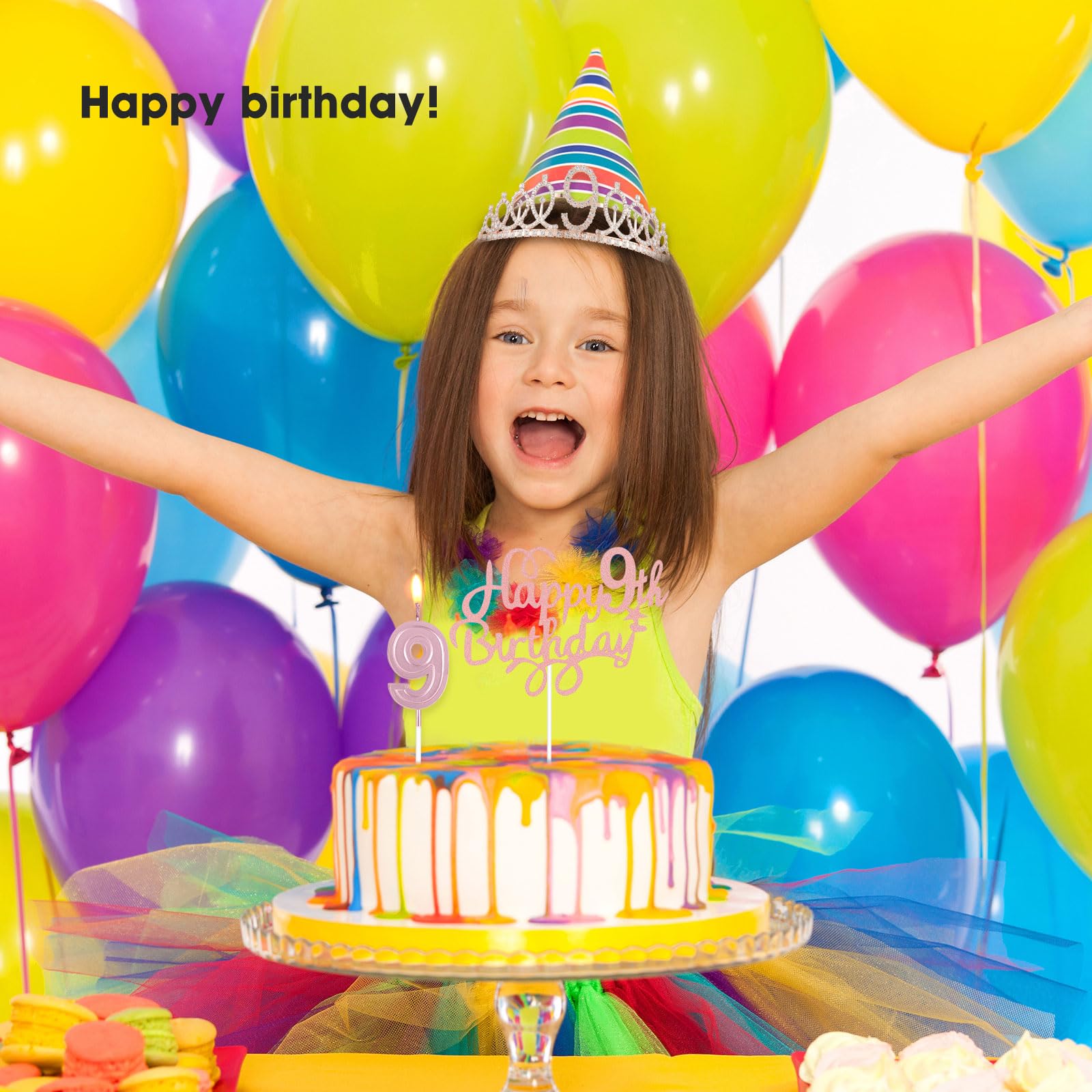 9th Birthday Decorations for Girls, Including 9th Birthday Sash,Rose Gold Rhinestone Crown Tiara, Cake Topper, Number Candles and Balloons Set, 9 Year Old Birthday Gifts for Girl Party Favor Supplies