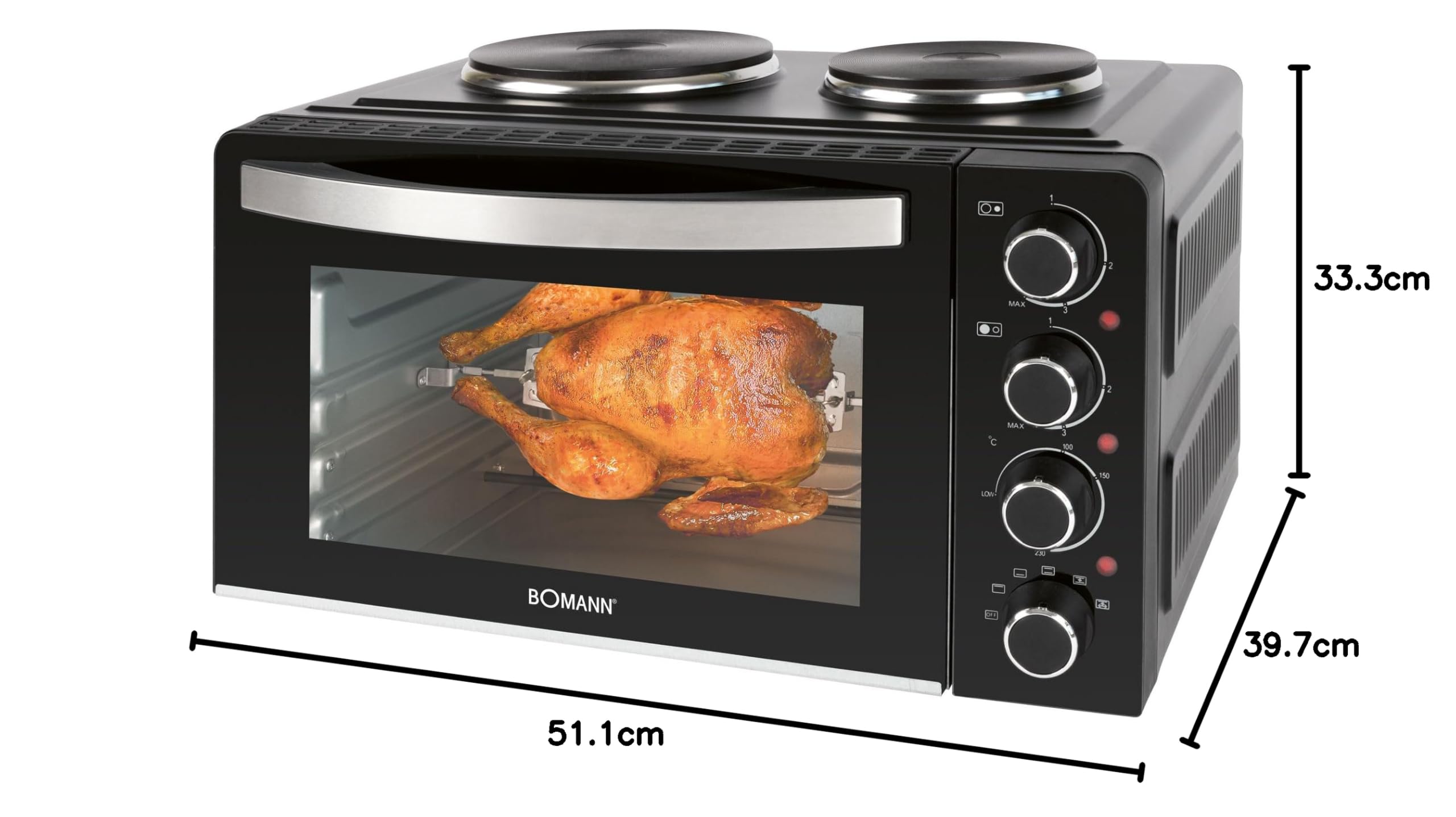 Bomann®mini piekarnik z płytą grzewczą i rożnem | gotowanie i pieczenie w tym samym czasie | 28L obracające się ciepło w górę/dół 100°-230°C | 3100 W z akcesoriami | KK