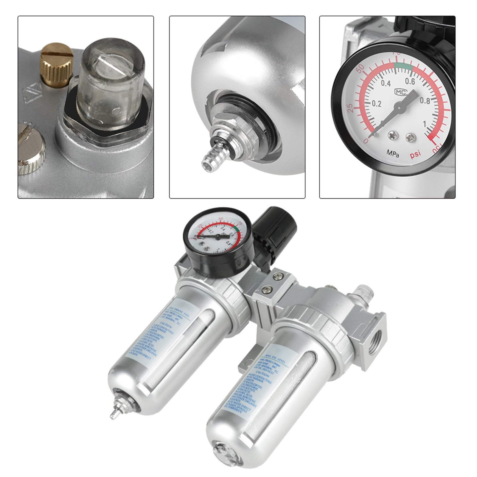 Druckminderer Druckluft, 1/2 Zoll Öl Wasser Regulator mit Manometer, Aluminiumlegierung Luftfilterregler Pneumatischer Druckluftfilterregler, für Druckluftkompressor
