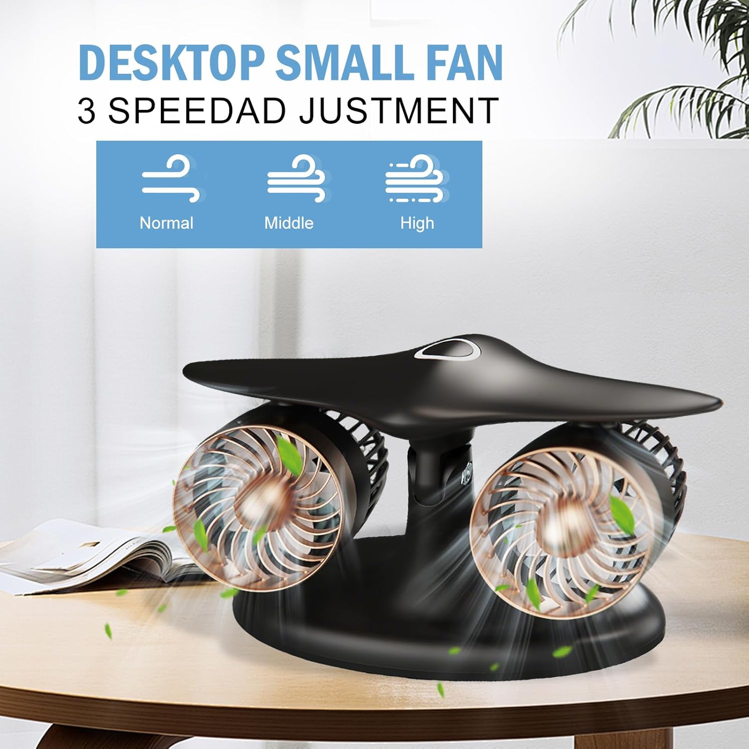 Dual-Head Jet Rechargeable Desktop Fan, 8000 Mah Battery & LED Lights, Bedroom BedsideTabletop Fan with 3 Adjustable Speeds for Room, Office, College Corm Decorative Fans