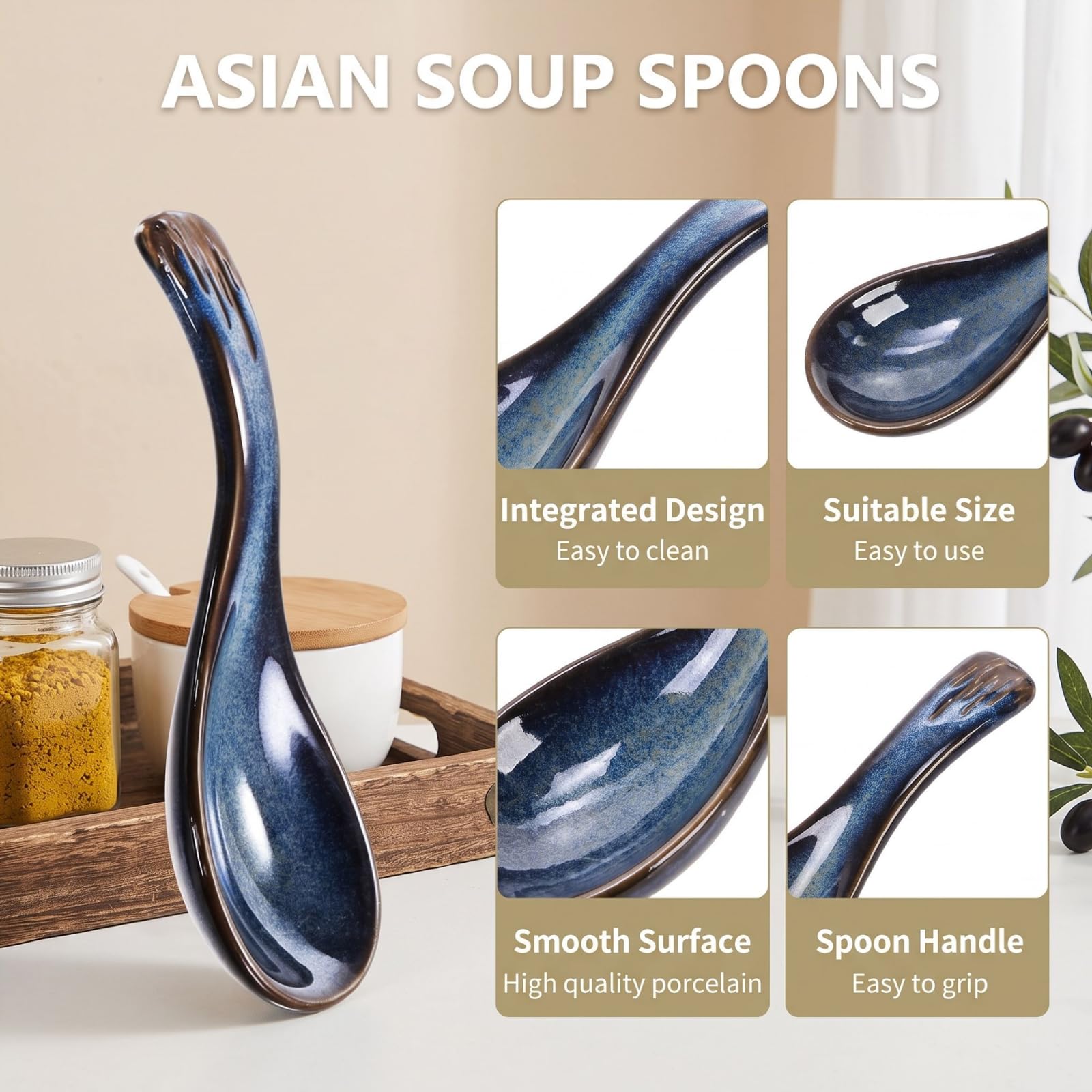 Cididu 8 Stück Asiatische Suppenlöffel Keramik, Chinesische Suppenlöffel mit rutschfester Unterseite, Retro Porzellan Löffel Japanische Pho Löffel Ramen Löffel für Wonton, Nudeln, Miso, Knödel,