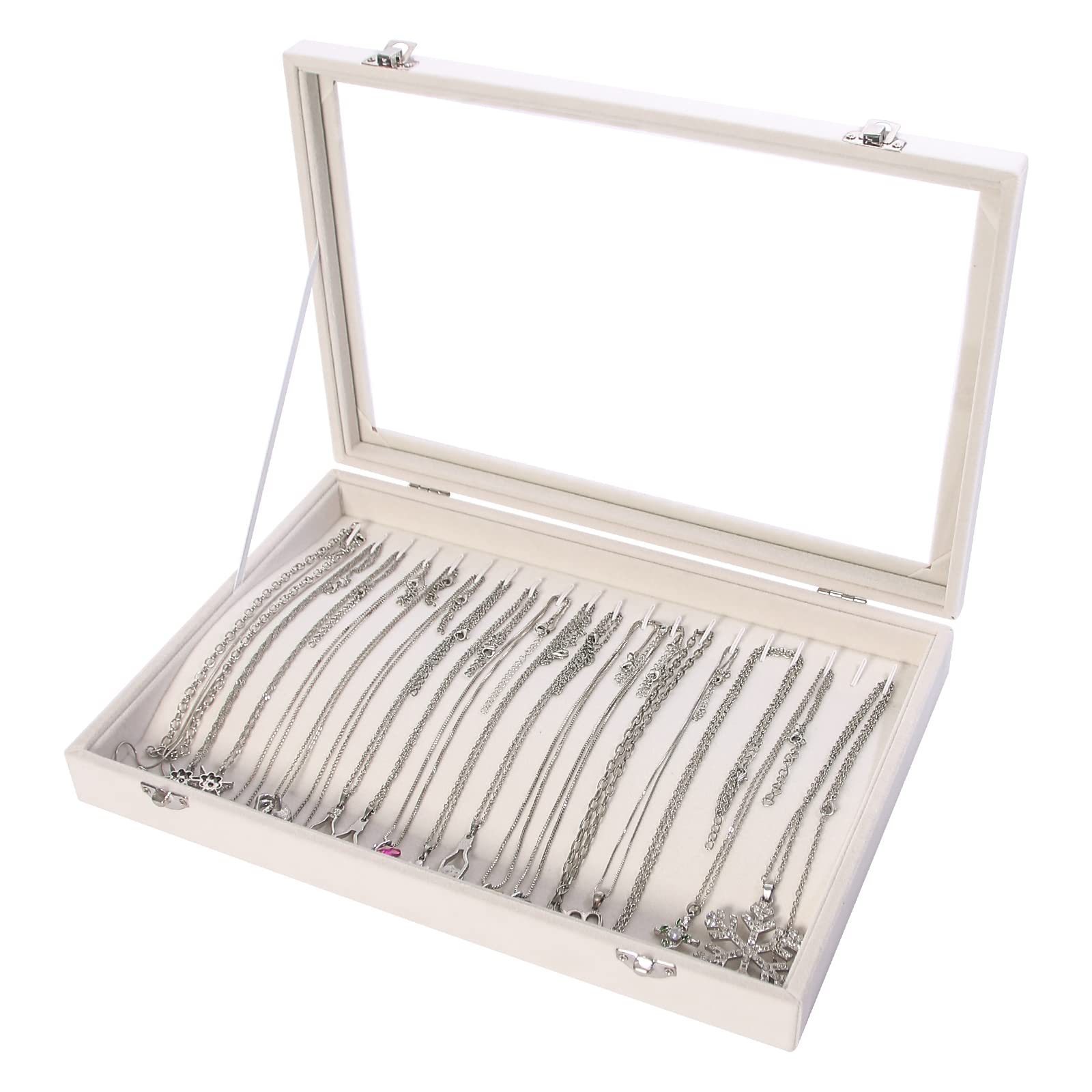 Byken 20 Hooks Necklace Holder Organizer Box,Necklace Display Tray with Glass Lid,Jewelry Displays for Selling Chains(Beige Velvet)