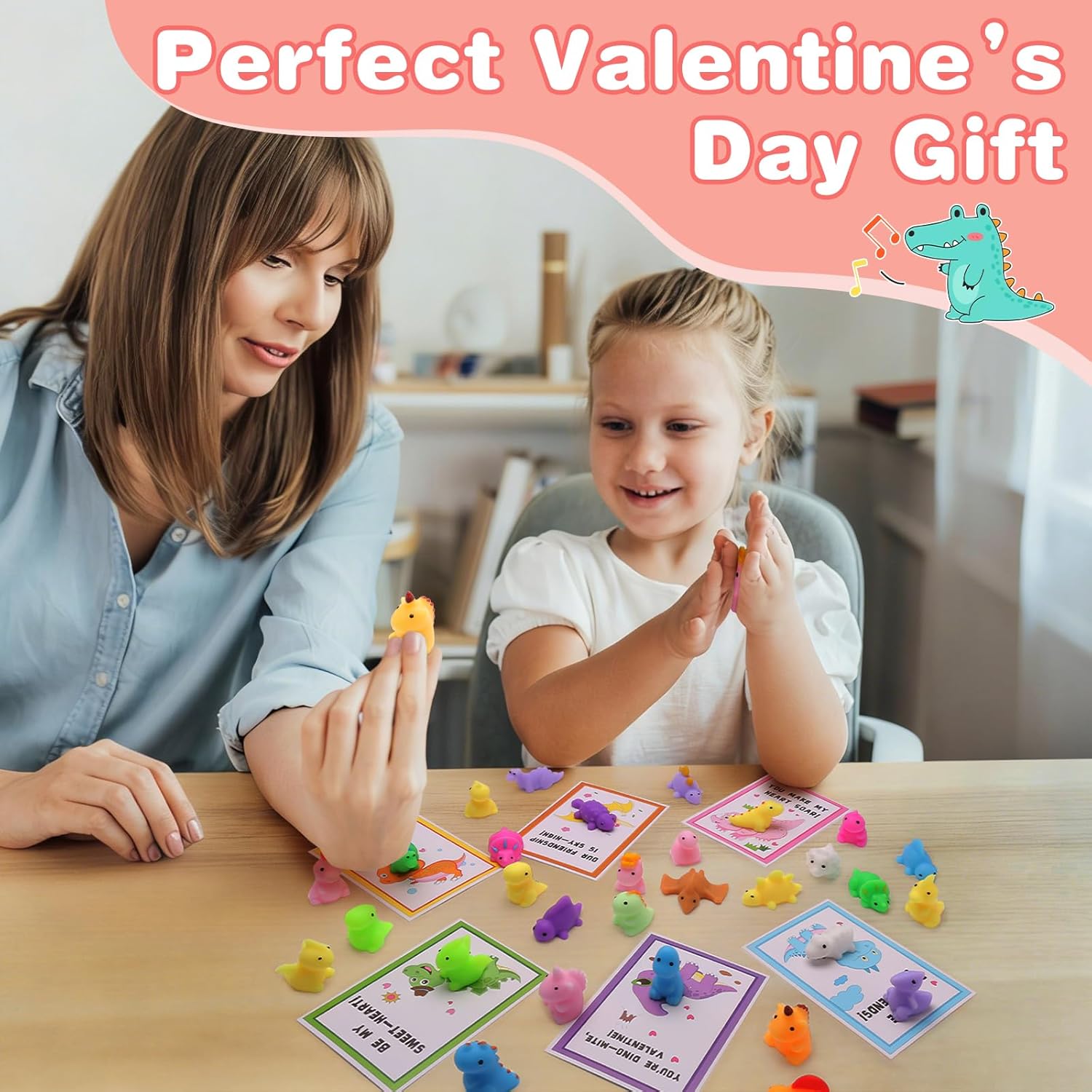 Qudoustar 30 Pack Valentines Day Cards for Kids School with Cute Dinosaur Mochi, Stress Relief Fidget Toys with Valentines Day Cards fo Kids Classroom Exchange Gifts School Party Favors