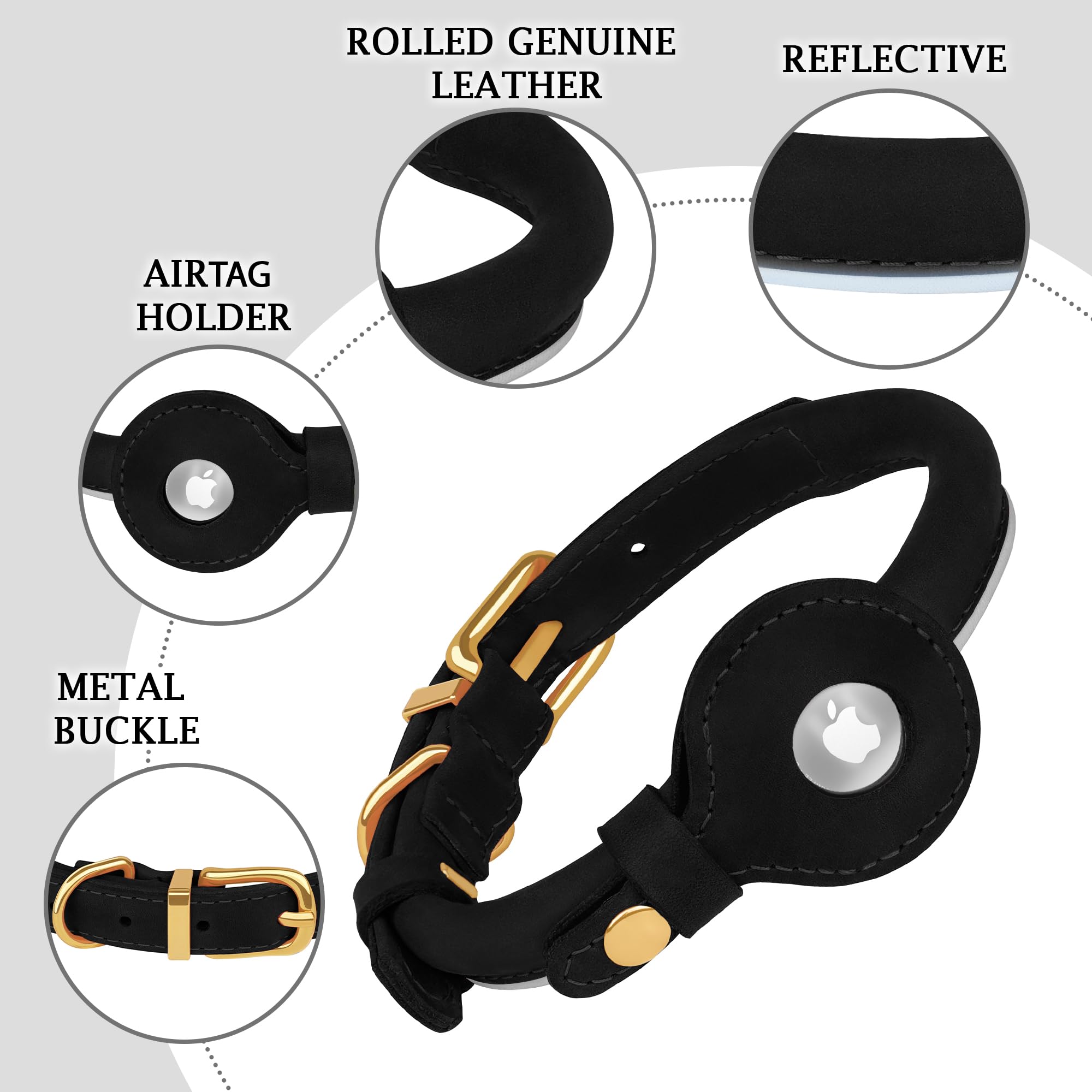 OOPSDOGGY Collar de cuero enrollado para perro con soporte para Airtag, collar redondo reflectante para perro Airtag, collar de seguimiento suave para perros pequeños, cachorros, gatos, gatitos