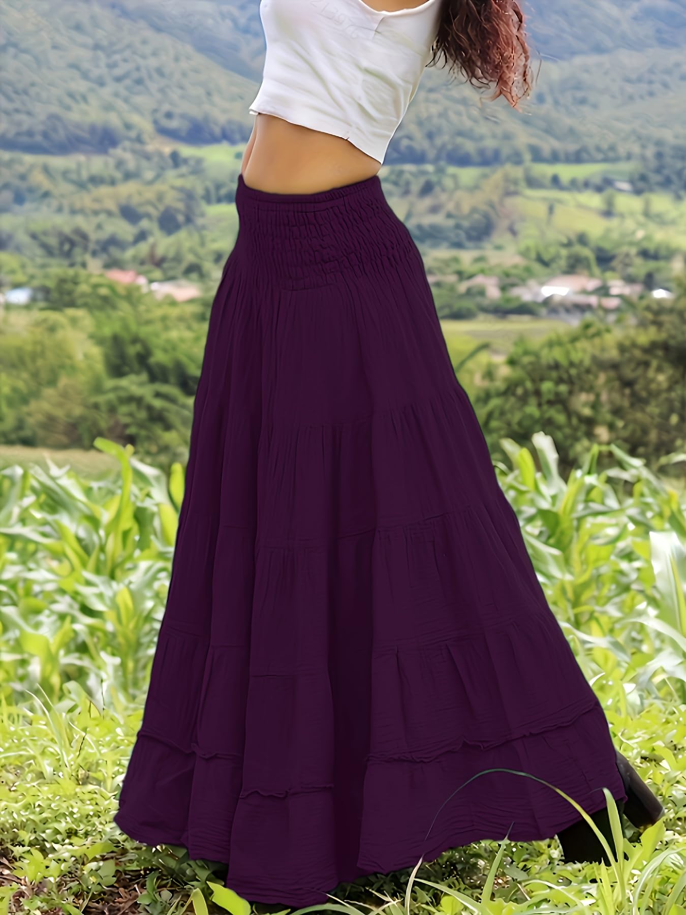Women's Skirts Tiered A Line Long Skirts Maxi Elastic High Waist Summer Trendy Flowy Boho Skirt