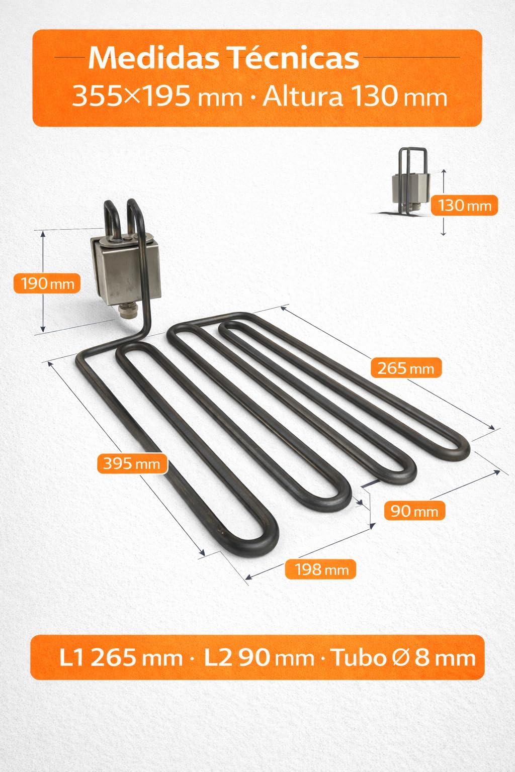 RO Linea Blanca ® Resistencia Freidora 3500W 230V con Caja Conexión Tipo Enchufe Repuesto Inmersión Compatible con Jemi J6 N10 Serie 600 Medidas 355x195mm Tubo 8mm Calentamiento Rápido Hostelería