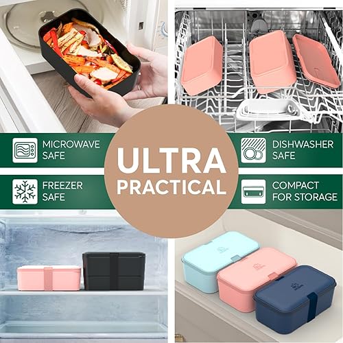 Miniatura 4 de Umami Lonchera Bento Box para adultos, diseño anestable que ahorra espacio con 4 utensilios, 1 tarro de salsa, versátil, lonchera Bento a prueba de