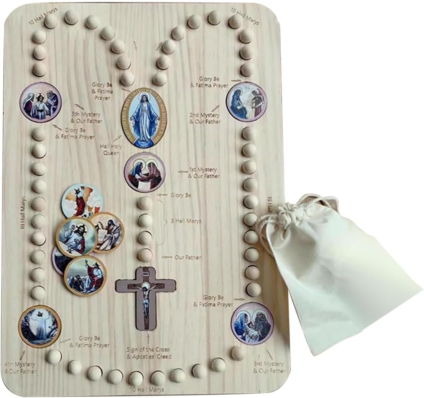 Wooden Rosary Board - Montessori Wooden Rosary Board Chuck, Mysteries Of The Holy Rosary Prayer Cards With 54 Rosary & 12 Color Prayer Card & Storage Bag, Early Education Enlightenment Toy