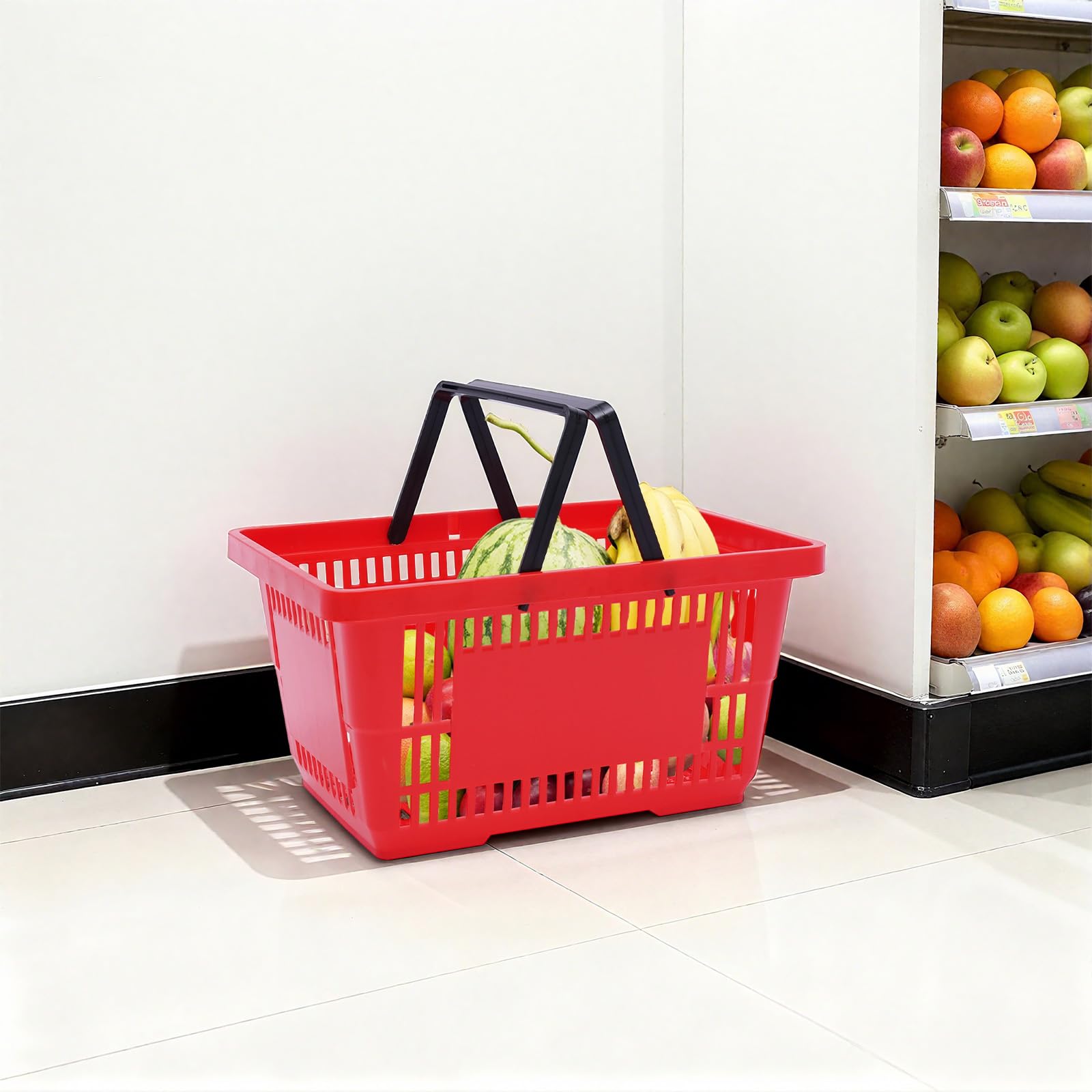 12 cesti per la spesa in plastica, 18 l, impilabili, per supermercato, rosso | 2 manici in plastica, impilabili, il design a griglia aperta supporta la vista, la ventilazione e il drenaggio dell'acqua