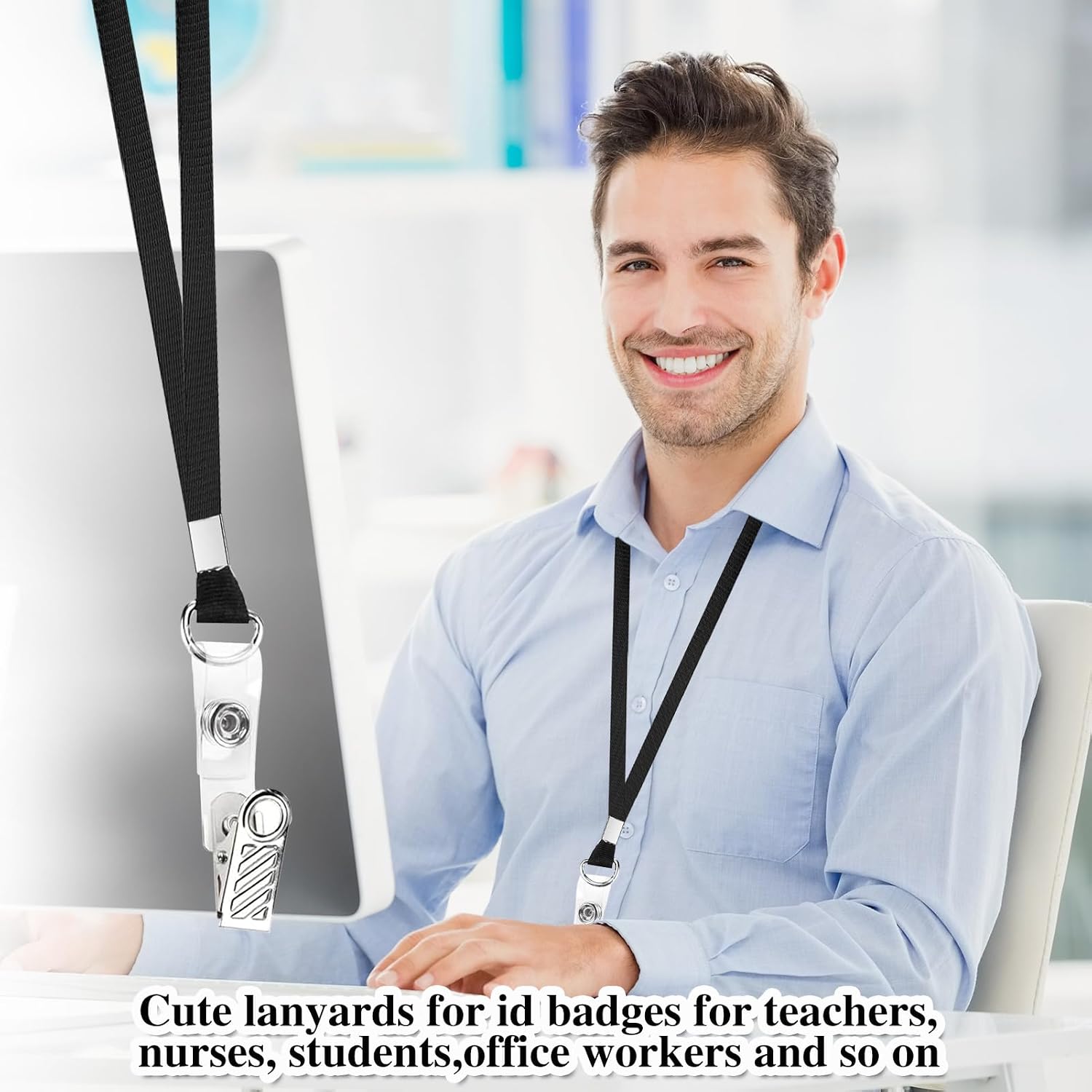 100 Pack Black Badge Lanyards, Multi-Purpose 2-in-1 Lanyards, Office ID Card Lanyards with Clip (Detachable, 19.5 inches, Black)