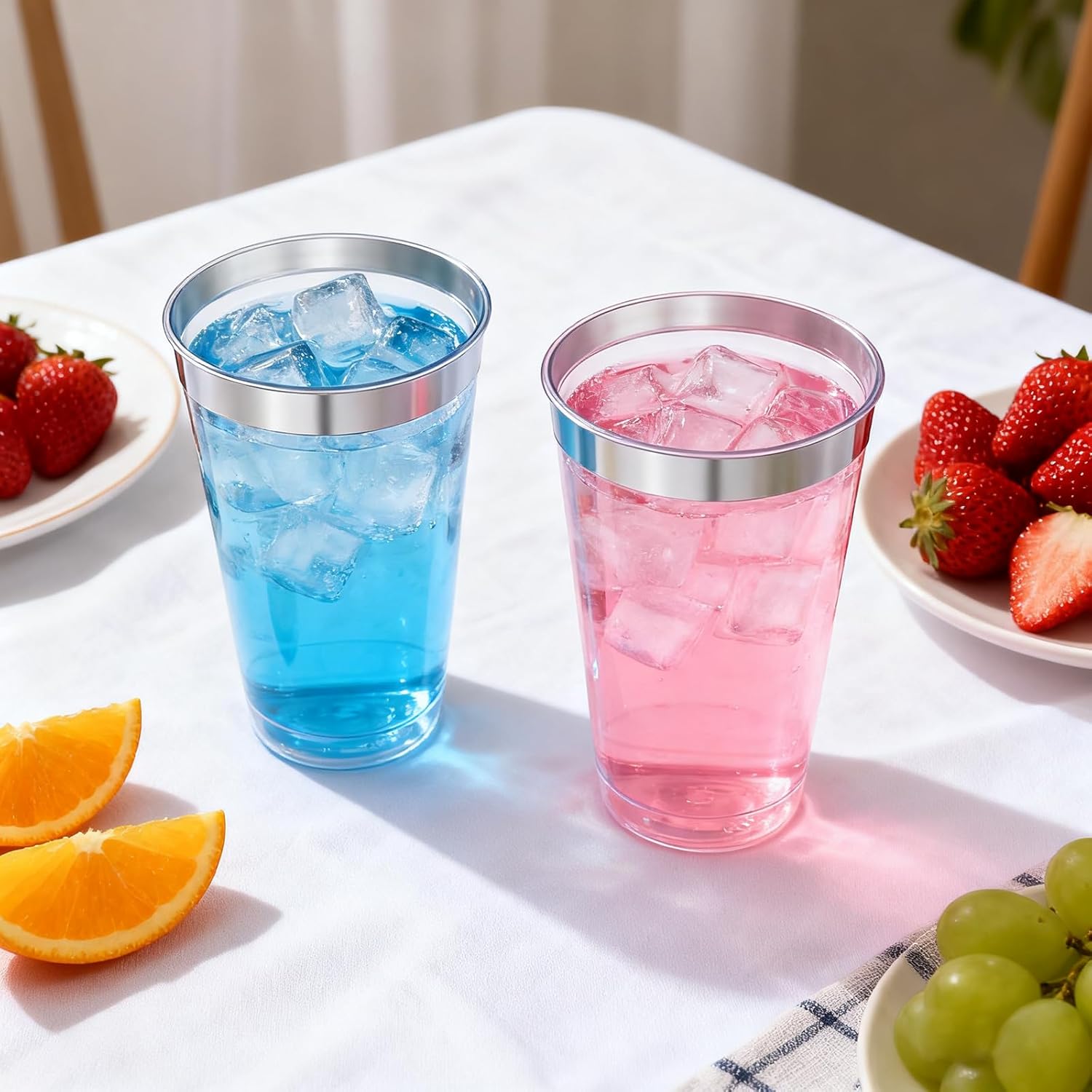 100 Pcs Silver Rimmed Plastic Tumblers - 16 oz Clear and Silver Rim Plastic Wine Cups, Big Size Fancy Disposable Party Cup Beverage Drinking Cup for Easter, St. Patrick's Day, Party, Wedding - Image 2