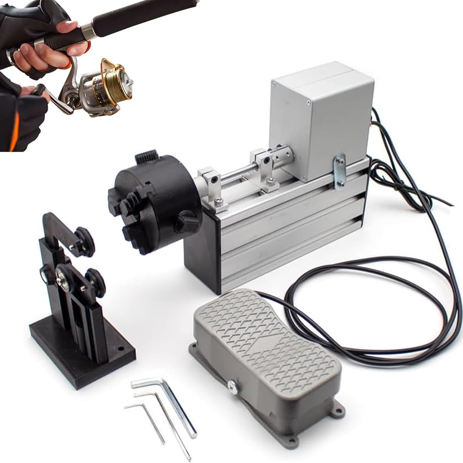 Wickelmaschine für Angelrutenbau, Geschwindigkeit einstellbar 0–300 U/min, Aluminiumlegierung, Fußschalter-Steuerung, Epoxidharz, rotierende Klebeausrüstung