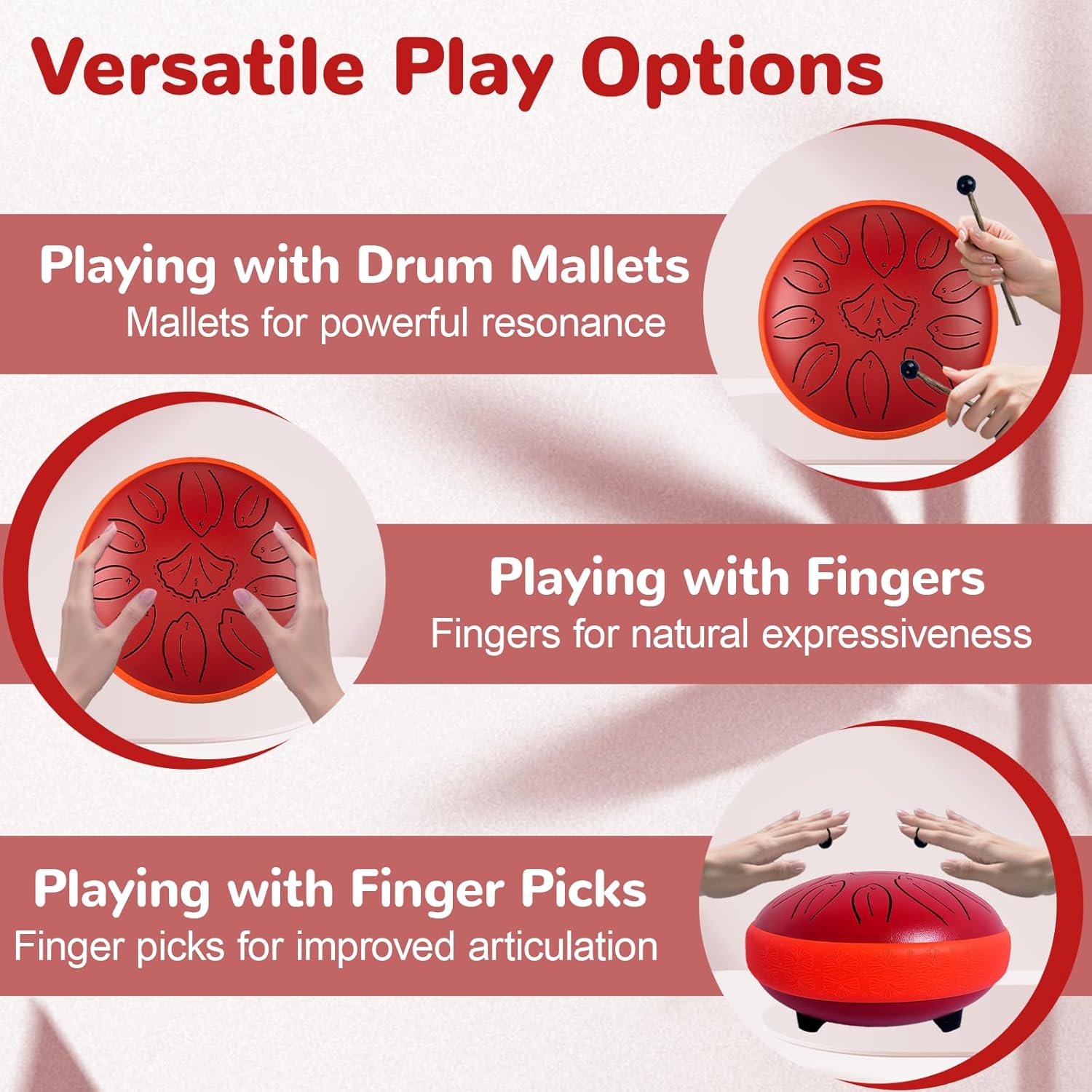 TUOKING Rain Drum for Outside Steel Tongue Drum 6 Inch 11 Notes C Key Handpan Drum for Adults and Beginners Sound Healing Musical Instrument for Meditation, Yoga, Music Lovers(Red)