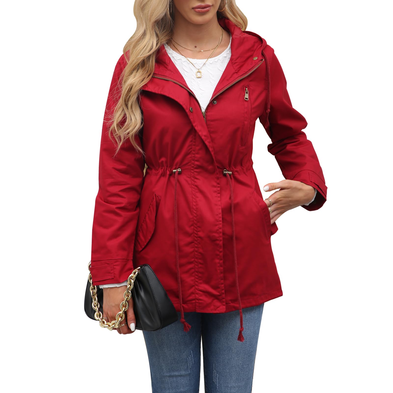 chiguomaoyi Women's Casual Ligtweight Military Jackets Anorak Utility High Waist Drawstring Zip Up Hood Coat