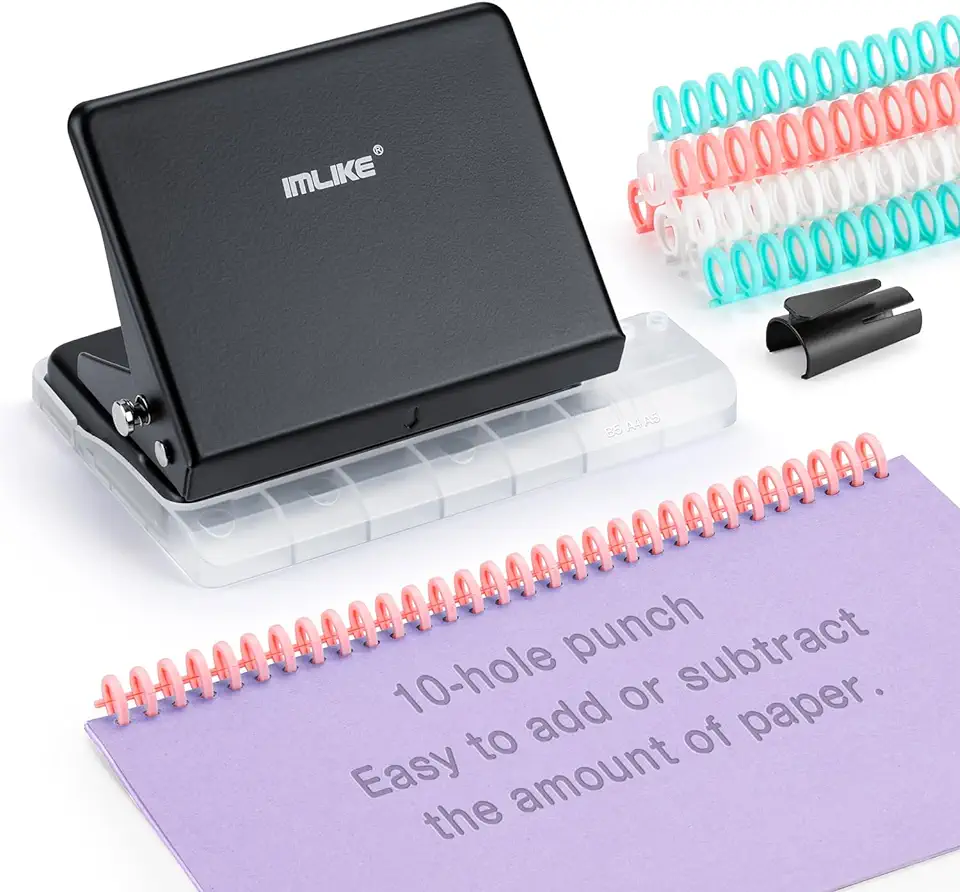 IMLIKE 10-Hole Binding Machine for Planners - Metal Manual Binding System with 10 Multi-Color 30-Hole Loose Leaf Binding Spines - Punches 26 Holes on B5, 30 Holes on A4, 20 Holes on A5 Paper - Black