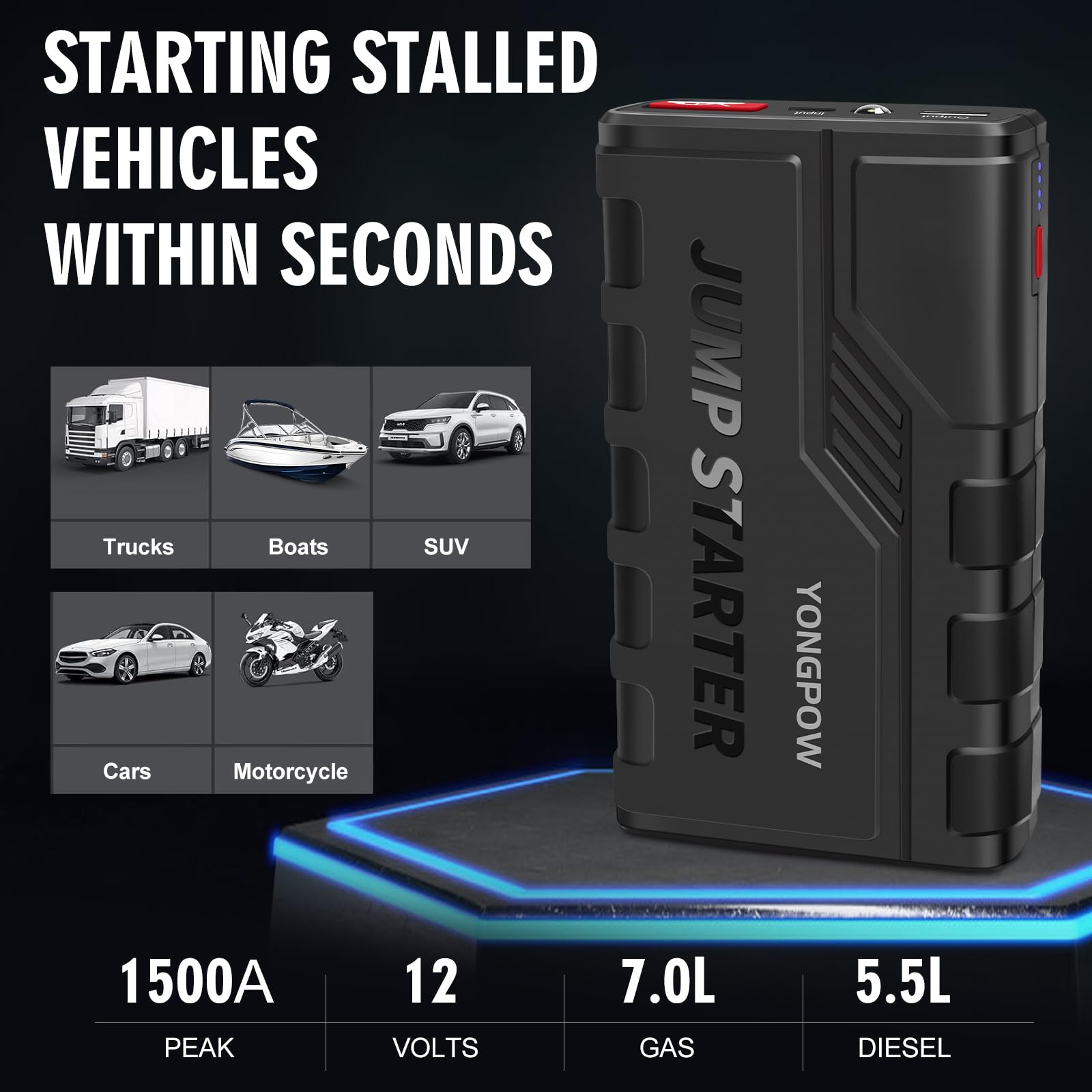 Momowin Avviatore batteria auto,1500A 12V (Fino a 7.0L Gas e 5.5L Diesel) Avviatore emergenza per auto/Moto Jump Starter con e Torcia LED,Porta USB da per Smartphone