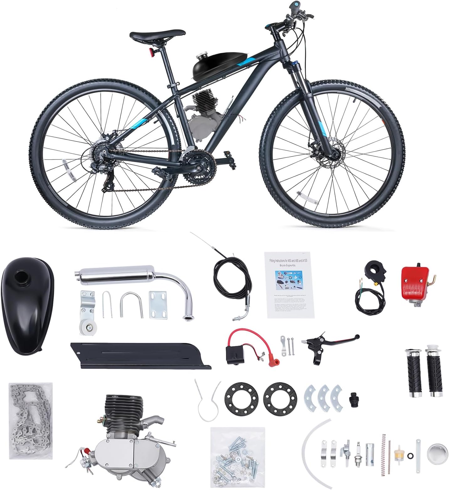 100cc 2 Stroke Bike Engine Kit Bicycle Motor Kit 36 Tooth Sprocket Gasoline Motorized Bike Motor Kit for 26" 28" Bicycle