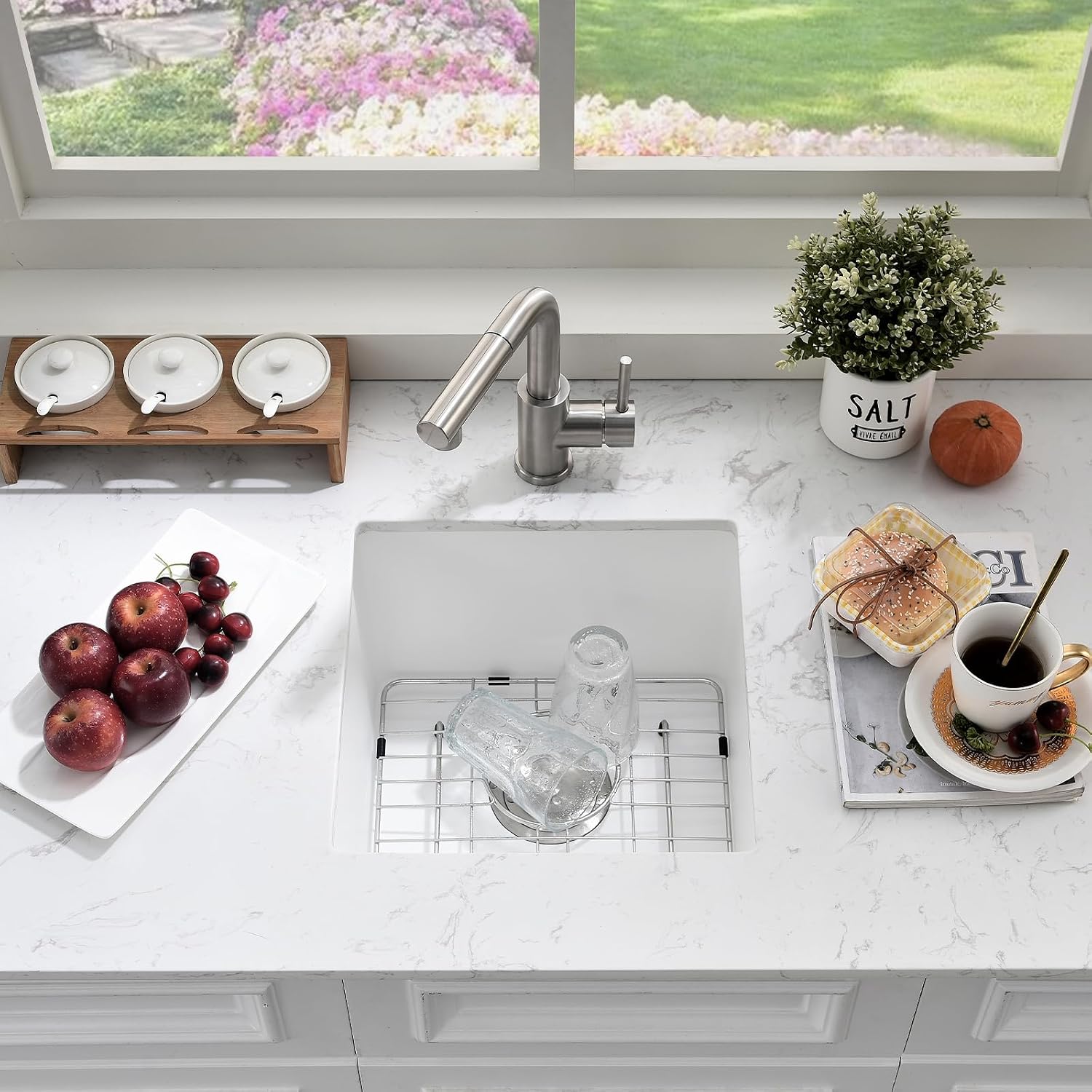 Undermount White Bar Sink, 16x16 Inch Small Granite Composite Wet Bar Sink with Faucet Combo Single Bowl Outdoor Quartz Undermount Sink for Island Station, Small Space