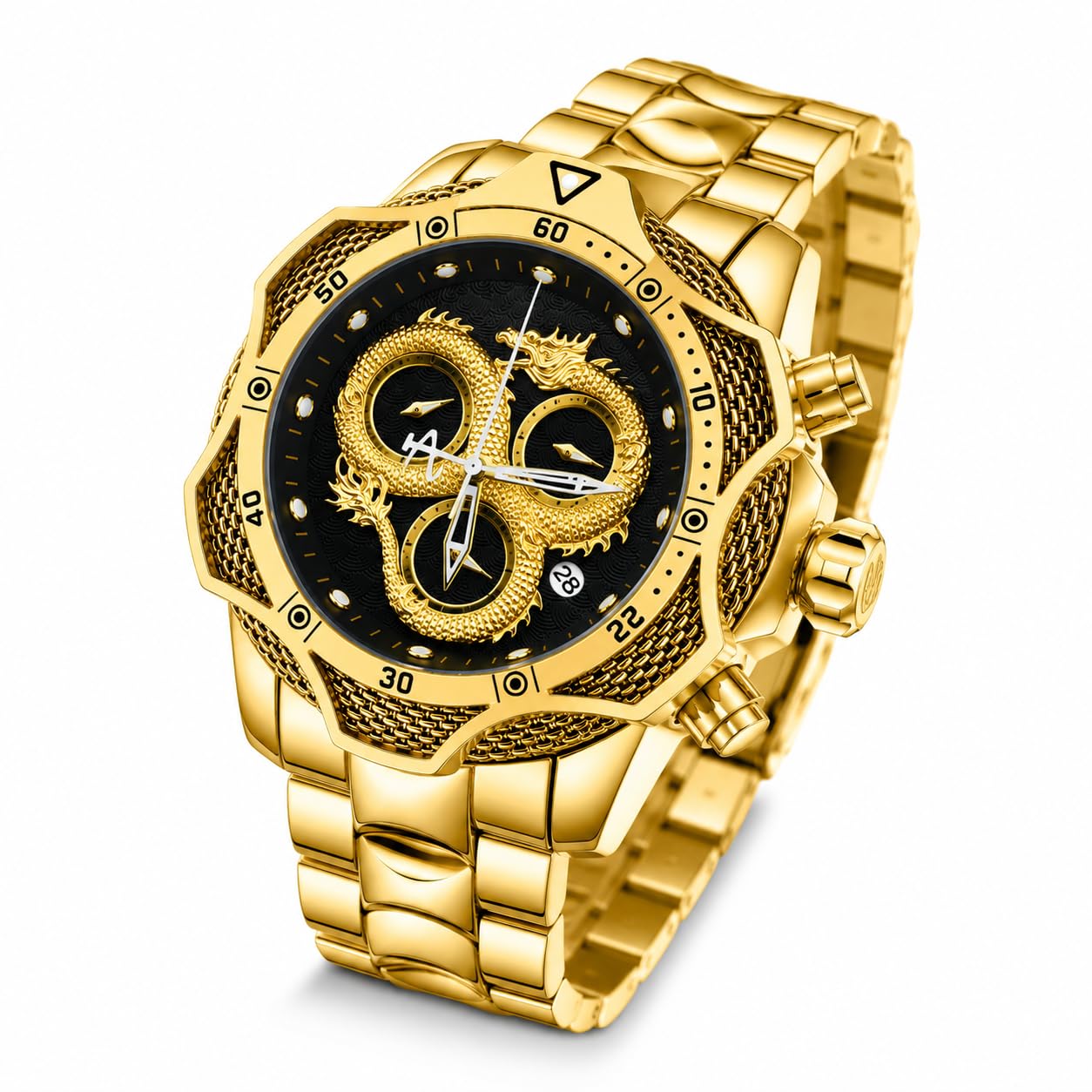 Men's Luxury Oversized Gold Chronograph Analog Quartz Watch with Large Dragon Dial, Stainless Steel Bracelet, Big Face Fashion Business Dress Wrist Watch, Date Display, Luminous Hands, Waterproof Designer Style Watch-image-40