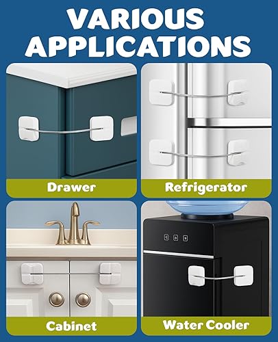 Miniatura 4 de Maveek - Paquete de 4 cerraduras de gabinete a prueba de bebés, cerraduras de cajón a prueba de niños, doble botón blanco para nevera, inodoro,