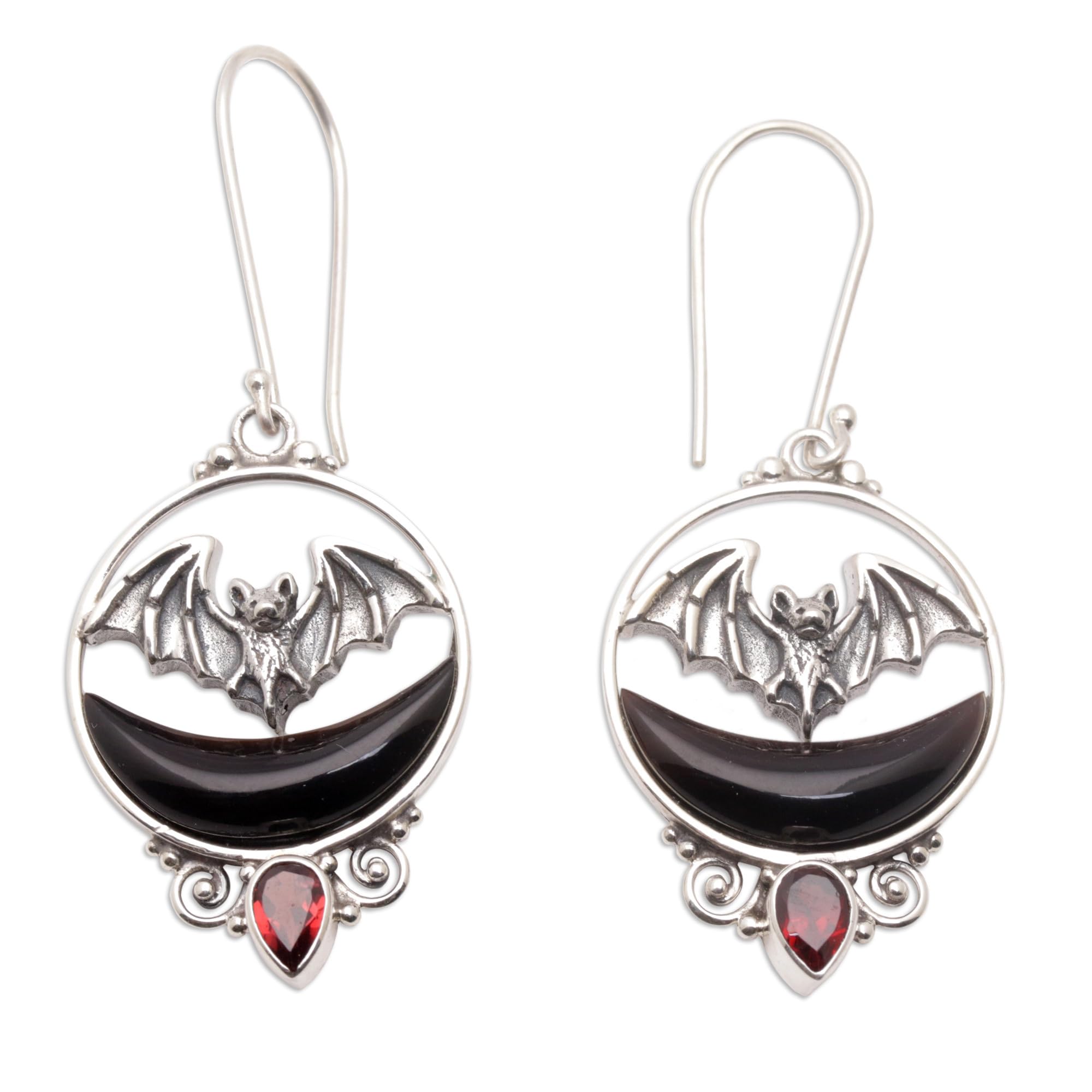Handmade .925 Sterling Silver Garnet Dangle Earrings Bat Moon with Stone Indonesia Gemstone Sun [2 in L x 0.8 in W x 0.2 in D] 'Black Crescent Moon'