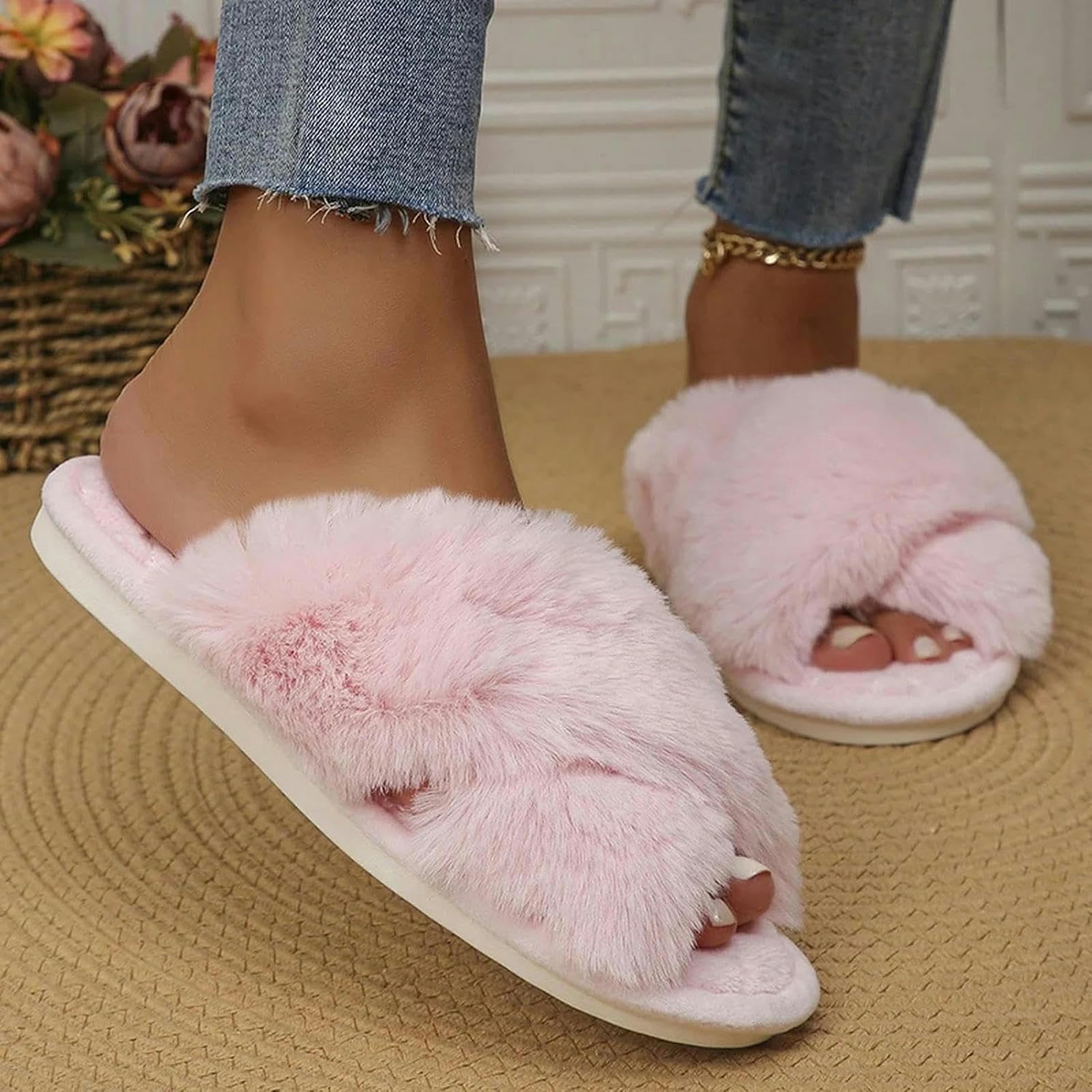 Ciabatte Donna Invernali Slifori A Croce Fluffy Slifori Anti-Slittamento, Caldi E Lussuosi Pannelli Interni per Le Donne-gray-38-39