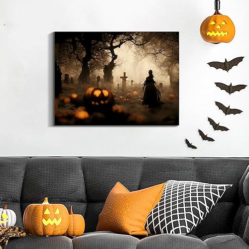 Miniatura 52 de Denozer Lienzo decorativo para pared de Halloween, castillo de terror de 32 x 24 pulgadas, decoración de pared de luna, decoración de otoño de Obra