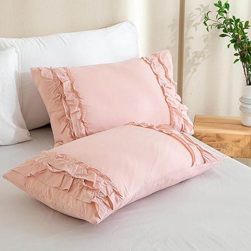 Miniatura 5 de MOVE OVER Juego de edredón rosa con volantes, tamaño King, juego de ropa de cama de 2 capas con volantes, juego de edredón de 3 piezas, ligero y